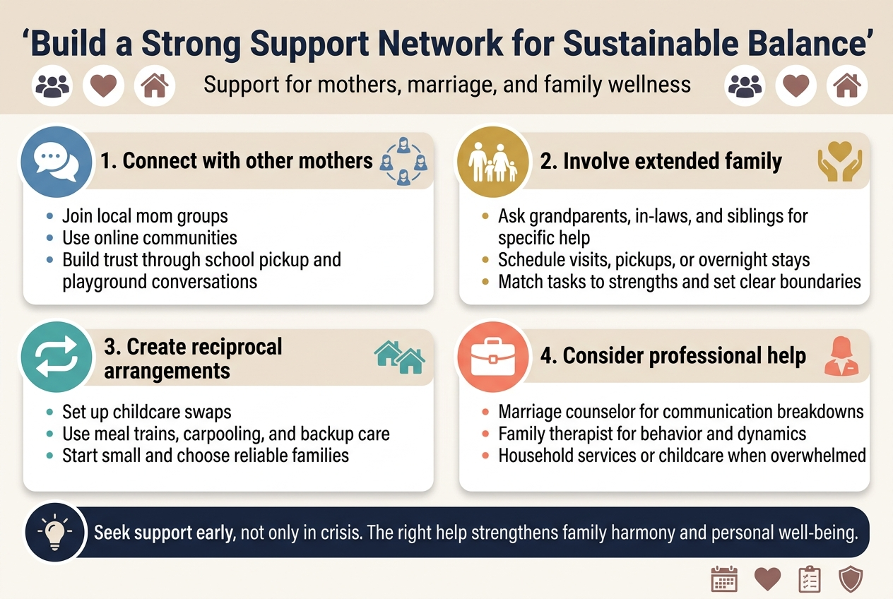 Create a clean professional infographic illustration in a 3:2 aspect ratio with a full-bleed layout, wide horizontal composition, no inset border, no poster frame, and no narrow centered stack. Use a modern sans-serif font, bold dark navy heading, soft warm neutrals, teal, coral, and gold accent colors, with clear section hierarchy and plenty of white space.
Top header across the full width: large bold title text in quotes, "Build a Strong Support Network for Sustainable Balance". Add a smaller subtitle beneath it: "Support for mothers, marriage, and family wellness". Include a simple icon row near the title: a group-of-people icon, a heart icon, and a home icon.
Below the header, divide the infographic into four wide horizontal sections arranged in a 2x2 grid with colored icon circles and short bullet text in each block:
Top left section titled "1. Connect with other mothers" with a blue chat-bubble icon and a small circle of women icon. Include three short bullets:
"Join local mom groups"
"Use online communities"
"Build trust through school pickup and playground conversations"
Top right section titled "2. Involve extended family" with a gold family icon and helping hands icon. Include three short bullets:
"Ask grandparents, in-laws, and siblings for specific help"
"Schedule visits, pickups, or overnight stays"
"Match tasks to strengths and set clear boundaries"
Bottom left section titled "3. Create reciprocal arrangements" with a teal swap-arrows icon and two houses icon. Include three short bullets:
"Set up childcare swaps"
"Use meal trains, carpooling, and backup care"
"Start small and choose reliable families"
Bottom right section titled "4. Consider professional help" with a coral briefcase icon and a counselor silhouette icon. Include three short bullets:
"Marriage counselor for communication breakdowns"
"Family therapist for behavior and dynamics"
"Household services or childcare when overwhelmed"
Add a wide bottom callout banner spanning the full width with a dark navy background and white text, plus a lightbulb icon on the left. Use this exact text: "Seek support early, not only in crisis. The right help strengthens family harmony and personal well-being." Add small supporting icons along the bottom edge: calendar, heart, checklist, and shield.
Use clean dividers between sections, subtle shadowed cards, rounded corners, and balanced spacing. Keep all text crisp and readable. Do not add any extra text beyond the title, subtitle, section titles, bullets, and bottom callout shown above.