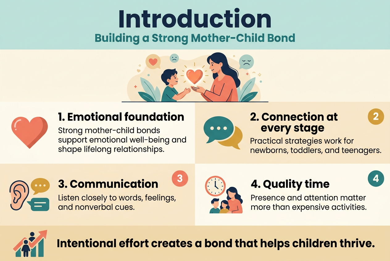 Full-bleed professional infographic, aspect ratio 3:2, clean modern flat illustration style, soft warm palette of teal, coral, gold, cream, and navy, clear typography with bold sans-serif headings and smaller readable body text, wide horizontal layout with multiple sections, no frame, no inset margins.
Top header spanning full width: large bold title text in dark navy, "Introduction", with a smaller subtitle beneath it in teal: "Building a Strong Mother-Child Bond".
Below the header, center a wide banner illustration of a mother and child connecting with a glowing heart between them, surrounded by subtle emotional support symbols.
Main content arranged in 4 wide horizontal blocks across the page or in a 2x2 grid:
1. Left top block with a heart icon and text:
"1. Emotional foundation"
"Strong mother-child bonds support emotional well-being and shape lifelong relationships."
2. Right top block with a speech bubble icon and text:
"2. Connection at every stage"
"Practical strategies work for newborns, toddlers, and teenagers."
3. Left bottom block with an ear and chat icon and text:
"3. Communication"
"Listen closely to words, feelings, and nonverbal cues."
4. Right bottom block with a clock and family time icon and text:
"4. Quality time"
"Presence and attention matter more than expensive activities."
At the bottom, add a wide concluding strip with a growing family or upward arrow icon and bold text:
"Intentional effort creates a bond that helps children thrive."
Use clear numbered markers 1, 2, 3, 4 in colored circles, simple supportive icons for each section, and balanced spacing with strong visual hierarchy.