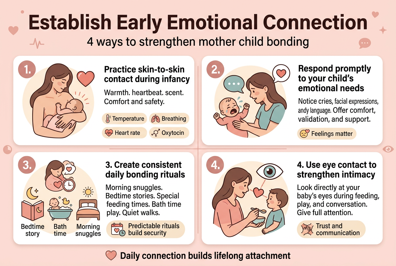Create a clean professional full-bleed infographic in 3:2 aspect ratio about early mother-child bonding, with a soft warm pastel palette of blush pink, cream, light peach, and muted teal, using modern sans-serif fonts and clear visual hierarchy. Place a bold large title across the top: "Establish Early Emotional Connection" with a smaller subtitle underneath: "4 ways to strengthen mother child bonding". Use a wide 2x2 grid of four equal sections across the center of the canvas, each with a large numbered circle, a simple icon, a bold section heading, and 2–3 short lines of readable text. Use subtle line dividers and gentle rounded cards, no poster frame, no narrow centered stack.
Section 1 at upper left: a mother holding a newborn skin-to-skin on her bare chest, with a heart icon and warmth lines. Heading: "1. Practice skin-to-skin contact during infancy". Include short text: "Warmth. heartbeat. scent. Comfort and safety." Add small labels with icons: "Temperature", "Breathing", "Heart rate", "Oxytocin".
Section 2 at upper right: a mother responding to a crying baby, with a speech bubble and heart icon. Heading: "2. Respond promptly to your child's emotional needs". Include short text: "Notice cries, facial expressions, and body language. Offer comfort, validation, and support." Add small label: "Feelings matter".
Section 3 at lower left: a cozy bonding routine scene with bedtime story, bath time, and morning snuggles shown as three small mini-icons in a row. Heading: "3. Create consistent daily bonding rituals". Include short text: "Morning snuggles. Bedtime stories. Special feeding times. Bath time play. Quiet walks." Add small label: "Predictable rituals build security".
Section 4 at lower right: a mother and child making eye contact during feeding or conversation, with a large eye icon and connected heart line. Heading: "4. Use eye contact to strengthen intimacy". Include short text: "Look directly at your baby's eyes during feeding, play, and conversation. Give full attention." Add small label: "Trust and communication".
Add a slim bottom banner spanning the width with a gentle heart icon and the text: "Daily connection builds lifelong attachment". Use small supportive icons throughout: heart, heartbeat line, clock, speech bubble, eye, and sparkle. Keep text minimal, legible, and well spaced, with balanced wide composition and soft illustrated family-friendly style.