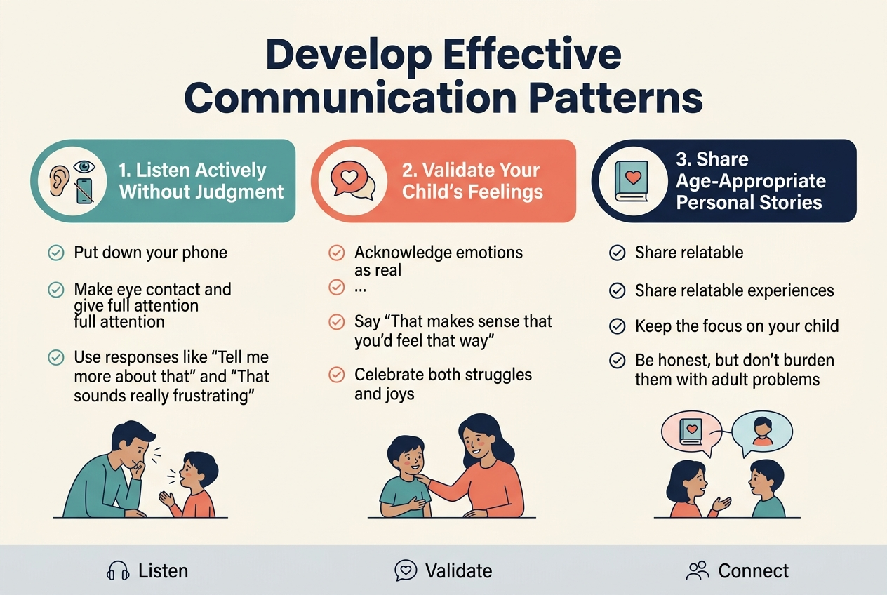 Create a clean professional infographic in a 3:2 aspect ratio with a full-bleed background, wide horizontal layout, and no inset frame. Use a soft warm palette of teal, coral, navy, cream, and light gray with modern sans-serif fonts and clear visual hierarchy.
Top center: bold large title in dark navy text: "Develop Effective Communication Patterns"
Below the title, arrange three wide horizontal sections across the page from left to right, each in a rounded rectangle block with a distinct icon and numbered heading.
Left section: a teal block with a circular icon showing an ear, eye contact, and a phone set aside. Heading text: "1. Listen Actively Without Judgment". Under it, three short bullet lines with check icons:
"Put down your phone"
"Make eye contact and give full attention"
"Use responses like “Tell me more about that” and “That sounds really frustrating”"
Include a small illustration of a parent leaning in, nodding, and listening to a child speaking.
Middle section: a coral block with a heart and speech bubble icon. Heading text: "2. Validate Your Child’s Feelings". Under it, three short bullet lines with check icons:
"Acknowledge emotions as real"
"Say “That makes sense that you’d feel that way”"
"Celebrate both struggles and joys"
Include a small illustration of a parent offering a comforting hand while a child shares feelings, with subtle smiling and supportive expressions.
Right section: a navy block with a simple storybook and heart icon. Heading text: "3. Share Age-Appropriate Personal Stories". Under it, three short bullet lines with check icons:
"Share relatable experiences"
"Keep the focus on your child"
"Be honest, but don’t burden them with adult problems"
Include a small illustration of a parent and child talking with two connected speech bubbles, one showing a small personal story symbol and one showing a listening child.
Bottom strip across the full width: a thin light-gray band with three small icon labels spaced evenly:
"Listen"
"Validate"
"Connect"
Use strong spacing, balanced alignment, clean lines, and readable text. No extra text beyond what is specified.