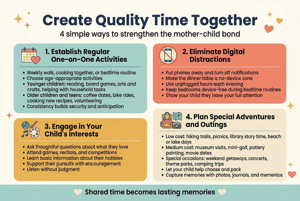 Create a clean, professional full-bleed infographic in a 3:2 aspect ratio with a warm family-friendly palette of soft teal, coral, golden yellow, cream, and navy accents. Use modern sans-serif fonts, bold title at the top, clear section headers, and a wide horizontal layout with four main content blocks arranged in a 2x2 grid across the center. Add simple flat vector icons for each section. Include the exact text below.
Top header, large bold text:
"Create Quality Time Together"
Subheader beneath title in smaller text:
"4 simple ways to strengthen the mother-child bond"
Section 1 in upper left with a calendar and heart icon:
"1. Establish Regular One-on-One Activities"
Bullets:
"• Weekly walk, cooking together, or bedtime routine"
"• Choose age-appropriate activities"
"• Younger children: reading, board games, arts and crafts, helping with household tasks"
"• Older children and teens: coffee dates, bike rides, cooking new recipes, volunteering"
"• Consistency builds security and anticipation"
Section 2 in upper right with a phone crossed out icon:
"2. Eliminate Digital Distractions"
Bullets:
"• Put phones away and turn off notifications"
"• Make the dinner table a no-device zone"
"• Use unplugged hours each evening"
"• Keep bedrooms device-free during bedtime routines"
"• Show your child they have your full attention"
Section 3 in lower left with a hobby and music/art icon:
"3. Engage in Your Child's Interests"
Bullets:
"• Ask thoughtful questions about what they love"
"• Attend games, recitals, and competitions"
"• Learn basic information about their hobbies"
"• Support their pursuits with encouragement"
"• Listen without judgment"
Section 4 in lower right with a backpack, map, and camera icon:
"4. Plan Special Adventures and Outings"
Bullets:
"• Low cost: hiking trails, picnics, library story time, beach or lake days"
"• Medium cost: museum visits, mini-golf, pottery painting, movie dates"
"• Special occasions: weekend getaways, concerts, theme parks, camping trips"
"• Let your child help choose and pack"
"• Capture memories with photos, journals, and mementos"
Bottom footer strip across the full width with a subtle heart icon:
"Shared time becomes lasting memories"
Design details:
Use white or very light cream background with colored section cards, rounded corners, subtle shadows, and thin divider lines. Place the title centered at the top, the four sections in a balanced two-column layout, and the footer along the bottom. Add small decorative stars and hearts sparingly for warmth. Keep spacing clean, readable, and uncluttered.