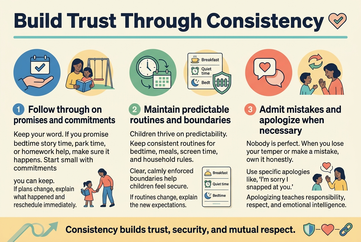 Create a full-bleed 3:2 infographic illustration in a clean modern editorial style with a warm, family-friendly color palette of teal, navy, soft yellow, coral, and light cream, using bold sans-serif headings and readable sans-serif body text.
Top header across the full width: large bold title text, "Build Trust Through Consistency" in dark navy on a light cream background, with a thin teal underline and a small heart-and-check icon beside the title.
Below the title, arrange three wide horizontal content blocks or three side-by-side cards across the page, each with a numbered circle, a clear icon, a bold subheading, and short supporting text. Use plenty of white space, balanced spacing, and clean alignment. No vertical poster stack.
Section 1 on the left: a blue circular icon of a hand holding a checkmark or a calendar with a checkmark. Numbered badge "1". Bold subheading: "Follow through on promises and commitments". Body text in short lines: "Keep your word. If you promise bedtime story time, park time, or homework help, make sure it happens. Start small with commitments you can keep. If plans change, explain what happened and reschedule immediately." Include a small visual of a parent and child reading a book or holding hands near a park swing.
Section 2 in the center: a green circular icon of a clock, routine calendar, and boundary fence or shield. Numbered badge "2". Bold subheading: "Maintain predictable routines and boundaries". Body text in short lines: "Children thrive on predictability. Keep consistent routines for bedtime, meals, screen time, and household rules. Clear, calmly enforced boundaries help children feel secure. If routines change, explain the new expectations." Include a small visual of a simple daily schedule with breakfast, quiet time, and bedtime icons.
Section 3 on the right: a coral circular icon of a speech bubble with a heart and apology gesture or a person raising a hand in apology. Numbered badge "3". Bold subheading: "Admit mistakes and apologize when necessary". Body text in short lines: "Nobody is perfect. When you lose your temper or make a mistake, own it honestly. Use specific apologies like, 'I'm sorry I snapped at you.' Apologizing teaches responsibility, respect, and emotional intelligence." Include a small visual of parent and child talking with a heart and repair arrow.
Add a bottom strip spanning the full width with a subtle upward arrow or connected loop graphic and a short closing statement in bold: "Consistency builds trust, security, and mutual respect." Use small supporting icons of a shield, heart, and chain link connected together. Keep all text crisp, legible, and exactly as written. Use a polished infographic layout with strong visual hierarchy, flat vector shapes, and soft shadows.