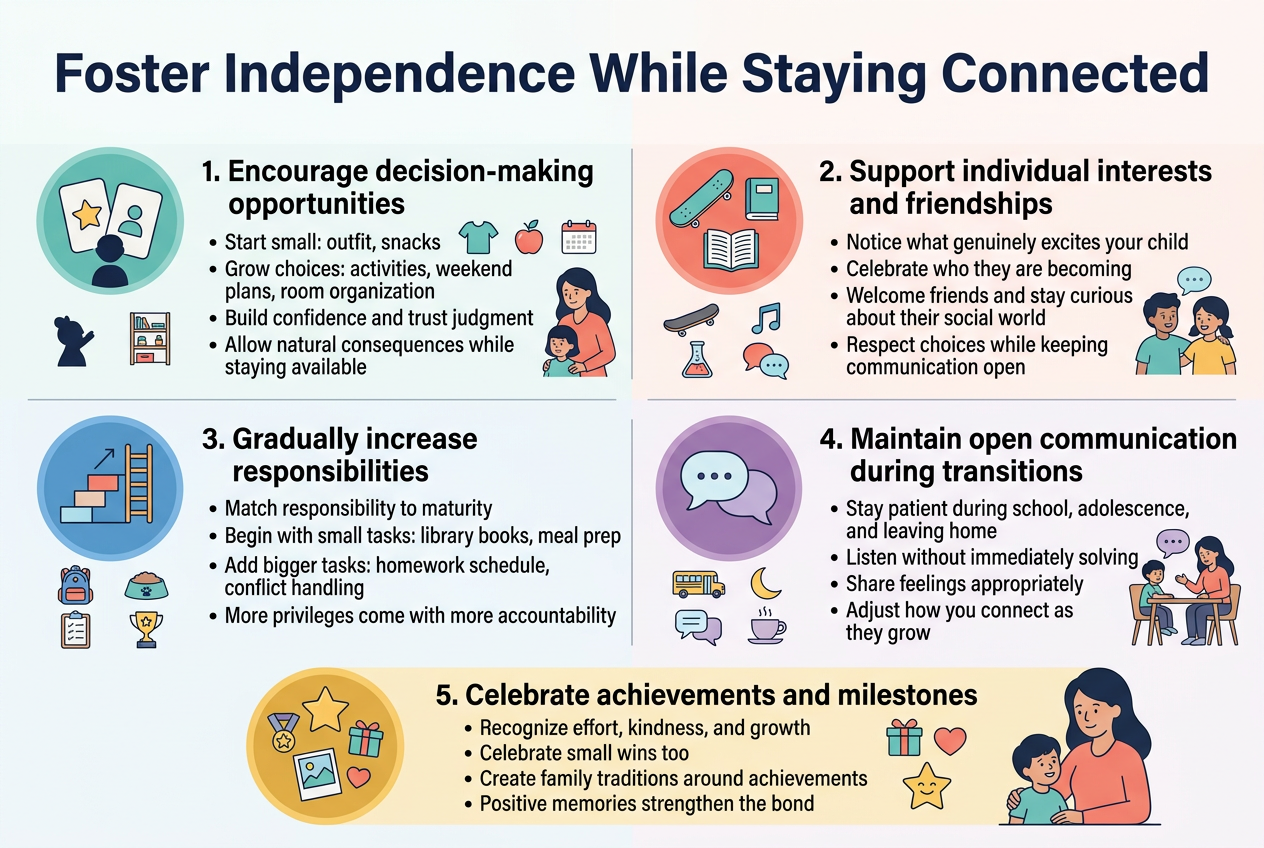 Create a full-bleed 3:2 infographic illustration in a clean modern flat design with soft pastel colors, white background, navy headings, teal and coral accents, and simple rounded sans-serif typography. Add a bold top header centered across the full width: "Foster Independence While Staying Connected". Under the title, arrange five wide horizontal sections in a balanced two-column layout with clear spacing, thin divider lines, and numbered circular icons.
Section 1 on the upper left: a teal circle icon with two choice cards and a small child silhouette. Heading text: "1. Encourage decision-making opportunities". Include short bullet text: "Start small: outfit, snacks", "Grow choices: activities, weekend plans, room organization", "Build confidence and trust judgment", "Allow natural consequences while staying available". Add small icons for a shirt, apple, calendar, and room shelf.
Section 2 on the upper right: a coral circle icon with a skateboard, book, and two children chatting. Heading text: "2. Support individual interests and friendships". Include short bullet text: "Notice what genuinely excites your child", "Celebrate who they are becoming", "Welcome friends and stay curious about their social world", "Respect choices while keeping communication open". Add small icons for skateboard, science beaker, music note, and speech bubbles.
Section 3 on the middle left: a blue circle icon with stacked steps and a growing ladder. Heading text: "3. Gradually increase responsibilities". Include short bullet text: "Match responsibility to maturity", "Begin with small tasks: library books, meal prep", "Add bigger tasks: homework schedule, conflict handling", "More privileges come with more accountability". Add small icons for a backpack, pet bowl, checklist, and trophy.
Section 4 on the middle right: a purple circle icon with two speech bubbles and a parent-child pair at a table. Heading text: "4. Maintain open communication during transitions". Include short bullet text: "Stay patient during school, adolescence, and leaving home", "Listen without immediately solving", "Share feelings appropriately", "Adjust how you connect as they grow". Add small icons for a school bus, crescent moon, coffee cup, and open dialogue bubbles.
Section 5 across the full lower width as a highlighted banner: a gold circle icon with a star, photo frame, and heart. Heading text: "5. Celebrate achievements and milestones". Include short bullet text: "Recognize effort, kindness, and growth", "Celebrate small wins too", "Create family traditions around achievements", "Positive memories strengthen the bond". Add small icons for a medal, photo, gift, and smiling star.
Use clear visual hierarchy: large bold title at top, medium bold section headings, smaller readable bullet text. Keep all text legible and concise. Use rounded icon badges, subtle shadowing, and friendly family-centered illustrations of a mother and child in each section. Maintain a wide, airy composition with no vertical poster frame, no narrow centered stack, and no inset border.