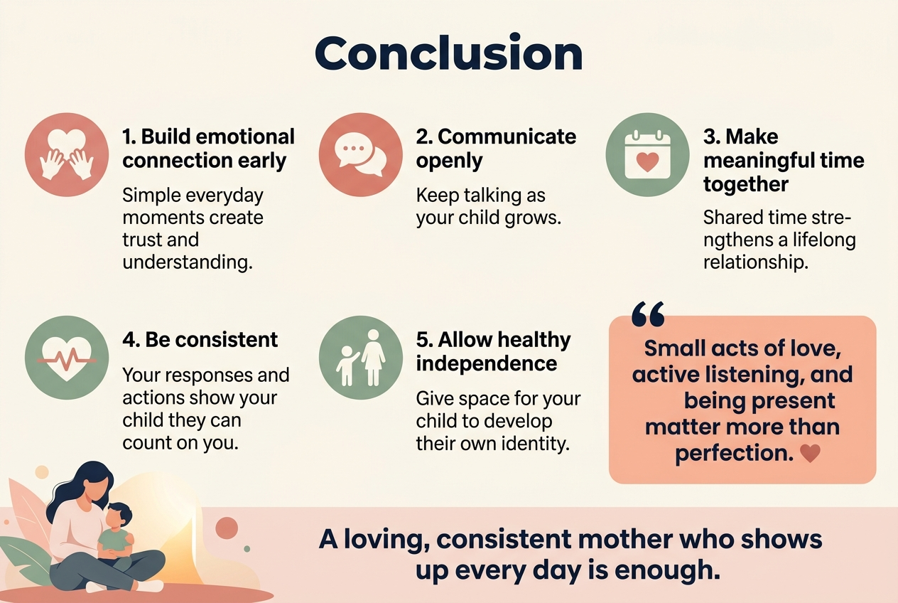 Create a full-bleed infographic illustration in a 3:2 aspect ratio with a clean, modern, professional style. Use a warm, soft palette of cream, blush pink, muted coral, sage green, and deep navy accents. Use elegant sans-serif fonts with a bold headline and clear visual hierarchy. No inset frame, no vertical poster layout, no narrow centered stack.
Top center: large bold heading in dark navy text: "Conclusion"
Below the title, arrange the content in a wide 2-row, 3-column layout with spacious blocks and icons, each block having a colored circular icon on the left and short text on the right.
Block 1, upper left: a heart and child hands icon. Heading text: "1. Build emotional connection early" Body text: "Simple everyday moments create trust and understanding."
Block 2, upper center: two speech bubbles icon. Heading text: "2. Communicate openly" Body text: "Keep talking as your child grows."
Block 3, upper right: a calendar with a heart icon. Heading text: "3. Make meaningful time together" Body text: "Shared time strengthens a lifelong relationship."
Block 4, lower left: a steady checkmark and heartbeat line icon. Heading text: "4. Be consistent" Body text: "Your responses and actions show your child they can count on you."
Block 5, lower center: a growing child silhouette next to a parent silhouette icon. Heading text: "5. Allow healthy independence" Body text: "Give space for your child to develop their own identity."
Lower right, larger emphasized quote-style callout box with a soft coral background and dark navy text, including a small heart icon: "Small acts of love, active listening, and being present matter more than perfection."
Bottom band across the width with a subtle supportive illustration of a mother and child sitting together, with gentle abstract shapes and warm light. Include a final bold closing line centered near the bottom in dark navy text: "A loving, consistent mother who shows up every day is enough."
Use clear spacing, balanced alignment, soft shadows, and clean iconography. Keep all text crisp and readable.
