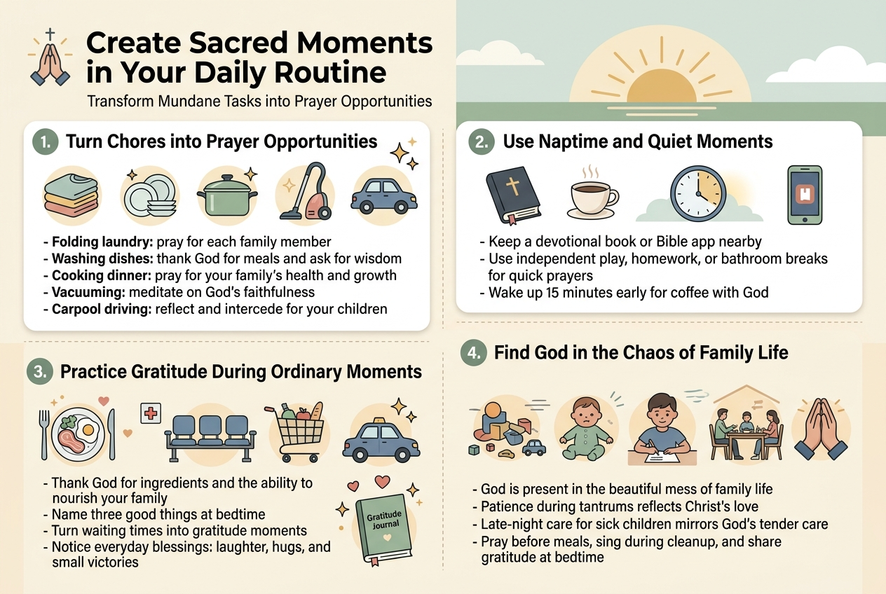 Create a full-bleed horizontal infographic illustration in a clean modern editorial style, aspect ratio 3:2, with a soft warm pastel color palette of cream, sage green, dusty blue, blush, and gold accents. Use a bold sans-serif heading at the top left with a small cross or prayer-hands icon beside it. Large title text: "Create Sacred Moments in Your Daily Routine" and smaller subtitle beneath: "Transform Mundane Tasks into Prayer Opportunities".

Layout the infographic in four wide horizontal sections or a 2x2 grid across the canvas, with clear visual hierarchy, rounded cards, subtle dividers, and simple flat vector icons.

Section 1 on the left: heading text "1. Turn Chores into Prayer Opportunities" with icons of folded laundry, dishes, a dinner pot, a vacuum, and a car. Include short bullet text:
- "Folding laundry: pray for each family member"
- "Washing dishes: thank God for meals and ask for wisdom"
- "Cooking dinner: pray for your family's health and growth"
- "Vacuuming: meditate on God's faithfulness"
- "Carpool driving: reflect and intercede for your children"
Add small prayer spark symbols and a gentle light glow around the icons.

Section 2 on the right: heading text "2. Use Naptime and Quiet Moments" with a Bible, coffee cup, clock, and phone app icon. Include short bullet text:
- "Read Scripture or sit quietly with God for five minutes"
- "Keep a devotional book or Bible app nearby"
- "Use independent play, homework, or bathroom breaks for quick prayers"
- "Wake up 15 minutes early for coffee with God"
Add a calm sunrise motif and soft morning light.

Section 3 on the lower left: heading text "3. Practice Gratitude During Ordinary Moments" with icons of breakfast plate, hospital waiting chair, grocery cart, traffic car, and a small gratitude journal. Include short bullet text:
- "Thank God for ingredients and the ability to nourish your family"
- "Name three good things at bedtime"
- "Turn waiting times into gratitude moments"
- "Notice everyday blessings: laughter, hugs, and small victories"
Add small heart and sparkle icons around the text.

Section 4 on the lower right: heading text "4. Find God in the Chaos of Family Life" with icons of scattered toys, a toddler, an older child doing homework, a family dinner table, and praying hands. Include short bullet text:
- "God is present in the beautiful mess of family life"
- "Patience during tantrums reflects Christ's love"
- "Late-night care for sick children mirrors God's tender care"
- "Pray before meals, sing during cleanup, and share gratitude at bedtime"
Add a warm home scene with gentle motion lines and calm, comforting expressions.

Use clear, legible text, strong contrast, and organized spacing. Include small numbered circles for each section, simple line icons, and a polished infographic design with no borders, no frame, no clutter, and no vertical poster layout.