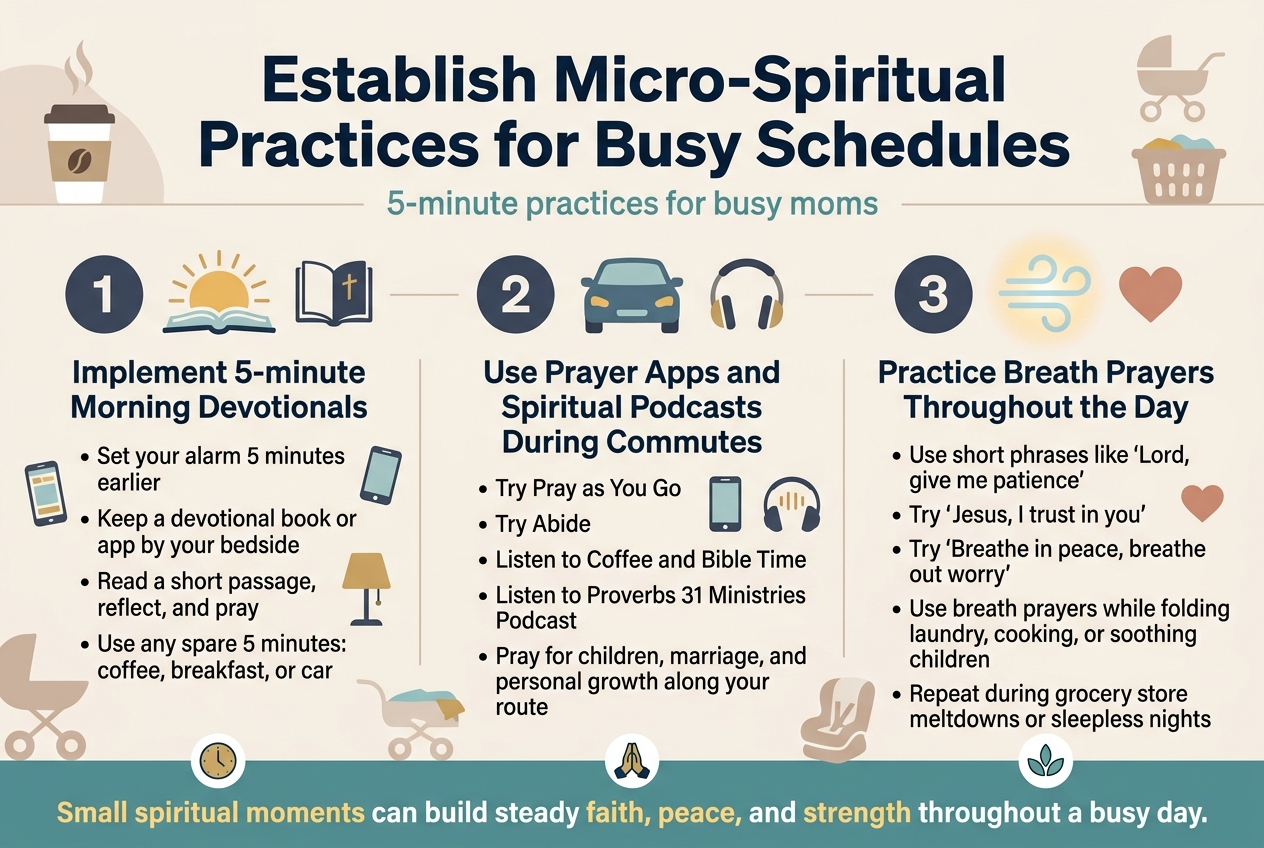 Create a clean, professional infographic in a 3:2 aspect ratio with a full-bleed background, modern flat vector style, soft warm neutrals with teal, navy, and muted gold accents, and clear sans-serif typography. Place a bold top heading across the upper center: "Establish Micro-Spiritual Practices for Busy Schedules". Use a wide horizontal layout with three main content blocks arranged left to right across the middle and lower half, each with a large numbered circle, an icon, a subheading, and short bullet points. Keep the design airy, organized, and easy to scan.

Top header area:
- Bold title centered at the top in dark navy.
- Small subtitle under the title in muted teal: "5-minute practices for busy moms"

Left section, numbered "1", with a sunrise and open Bible icon:
- Subheading: "Implement 5-minute Morning Devotionals"
- Bullet points:
  • "Set your alarm 5 minutes earlier"
  • "Keep a devotional book or app by your bedside"
  • "Read a short passage, reflect, and pray"
  • "Use any spare 5 minutes: coffee, breakfast, or car"
- Include a small smartphone icon and a small bedside lamp icon near the bullets.

Center section, numbered "2", with a car and headphones icon:
- Subheading: "Use Prayer Apps and Spiritual Podcasts During Commutes"
- Bullet points:
  • "Try Pray as You Go"
  • "Try Abide"
  • "Listen to Coffee and Bible Time"
  • "Listen to Proverbs 31 Ministries Podcast"
  • "Pray for children, marriage, and personal growth along your route"
- Add small icons for a phone, headphones, and a car dashboard.

Right section, numbered "3", with a breathing and heart icon:
- Subheading: "Practice Breath Prayers Throughout the Day"
- Bullet points:
  • "Use short phrases like 'Lord, give me patience'"
  • "Try 'Jesus, I trust in you'"
  • "Try 'Breathe in peace, breathe out worry'"
  • "Use breath prayers while folding laundry, cooking, or soothing children"
  • "Repeat during grocery store meltdowns or sleepless nights"
- Add a soft glowing breath-wave icon and a small heart icon.

Bottom band across the full width:
- A highlighted takeaway strip in teal and gold with the text: "Small spiritual moments can build steady faith, peace, and strength throughout a busy day."
- Include three small circular icons spaced evenly across the bottom: a clock, a prayer hands symbol, and a calm leaf.

Design details:
- Use bold dark navy for headings, teal for section headers, and warm gold for highlights.
- Use subtle divider lines between the three sections.
- Use simple, friendly illustrations of a busy mom environment: coffee cup, stroller silhouette, laundry basket, and car seat as small background accents.
- Keep all text crisp, legible, and correctly spelled.
- Avoid clutter, keep wide spacing, and maintain strong visual hierarchy.