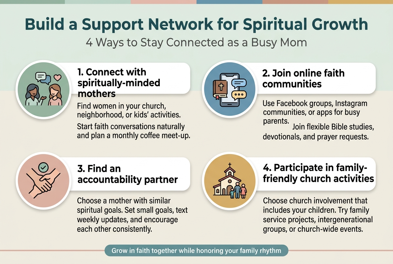 Create a clean, professional full-bleed infographic in 3:2 aspect ratio with a wide horizontal layout, soft pastel palette (sage green, blush pink, warm beige, muted teal), modern sans-serif fonts, clear visual hierarchy, and generous spacing. No inset frame. 

Top center: bold large title in dark teal, exact text: "Build a Support Network for Spiritual Growth"
Directly below the title, smaller subtitle in gray: "4 Ways to Stay Connected as a Busy Mom"

Main content arranged in four wide horizontal sections or two-column blocks across the page, each with a numbered circle, a simple icon, a short bold heading, and 2–3 concise lines of supporting text.

Section 1 on upper left with a teal circle icon showing two women chatting and a small heart:
"1. Connect with spiritually-minded mothers"
Supporting text: "Find women in your church, neighborhood, or kids’ activities. Start faith conversations naturally and plan a monthly coffee meet-up."

Section 2 on upper right with a blue circle icon showing a smartphone with a Bible and chat bubbles:
"2. Join online faith communities"
Supporting text: "Use Facebook groups, Instagram communities, or apps for busy parents. Join flexible Bible studies, devotionals, and prayer requests."

Section 3 on lower left with a blush circle icon showing two linked hands or a buddy checkmark:
"3. Find an accountability partner"
Supporting text: "Choose a mother with similar spiritual goals. Set small goals, text weekly updates, and encourage each other consistently."

Section 4 on lower right with a warm gold circle icon showing a church, family, and children:
"4. Participate in family-friendly church activities"
Supporting text: "Choose church involvement that includes your children. Try family service projects, intergenerational groups, or church-wide events."

Add a thin horizontal accent line near the bottom and a small closing banner centered at the bottom in teal with white text: "Grow in faith together while honoring your family rhythm"

Use clean icons, subtle shadows, rounded cards, and balanced spacing. Keep all text crisp, readable, and exactly as written.