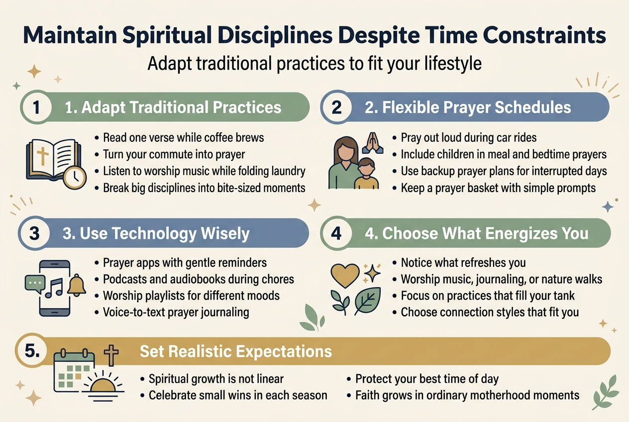 Create a full-bleed professional infographic in a 3:2 aspect ratio with a clean modern flat design, soft warm neutrals, sage green, dusty blue, and gold accents, using bold sans-serif typography for headings and readable sans-serif body text. 

Top header across the full width: large bold title text exactly "Maintain Spiritual Disciplines Despite Time Constraints" with a smaller subtitle beneath it exactly "Adapt traditional practices to fit your lifestyle".

Below the header, arrange five wide horizontal content panels in a 2-row grid with balanced spacing, not a vertical poster. Use numbered circle markers and simple icons for each section.

Panel 1 on the upper left: icon of an open Bible and small clock. Heading text exactly "1. Adapt Traditional Practices". Include short bullet text:
"Read one verse while coffee brews"
"Turn your commute into prayer"
"Listen to worship music while folding laundry"
"Break big disciplines into bite-sized moments"

Panel 2 on the upper right: icon of a parent and child with a prayer hands symbol. Heading text exactly "2. Flexible Prayer Schedules". Include short bullet text:
"Pray out loud during car rides"
"Include children in meal and bedtime prayers"
"Use backup prayer plans for interrupted days"
"Keep a prayer basket with simple prompts"

Panel 3 on the lower left: icon of a smartphone with music note and reminder bell. Heading text exactly "3. Use Technology Wisely". Include short bullet text:
"Prayer apps with gentle reminders"
"Podcasts and audiobooks during chores"
"Worship playlists for different moods"
"Voice-to-text prayer journaling"

Panel 4 on the lower center-right: icon of a heart, spark, and leaf/nature symbol. Heading text exactly "4. Choose What Energizes You". Include short bullet text:
"Notice what refreshes you"
"Worship music, journaling, or nature walks"
"Focus on practices that fill your tank"
"Choose connection styles that fit you"

Panel 5 spanning the full bottom width: icon of a calendar and sunrise/sunset with a small cross. Heading text exactly "5. Set Realistic Expectations". Include short bullet text:
"Spiritual growth is not linear"
"Celebrate small wins in each season"
"Protect your best time of day"
"Faith grows in ordinary motherhood moments"

Add subtle decorative icons of stars, gentle rays, and small leaves around the panels. Keep plenty of white space, clear hierarchy, and crisp alignment. Use a light cream background with dark navy text and colored section headers. No photo realism, no clutter, no frame border.