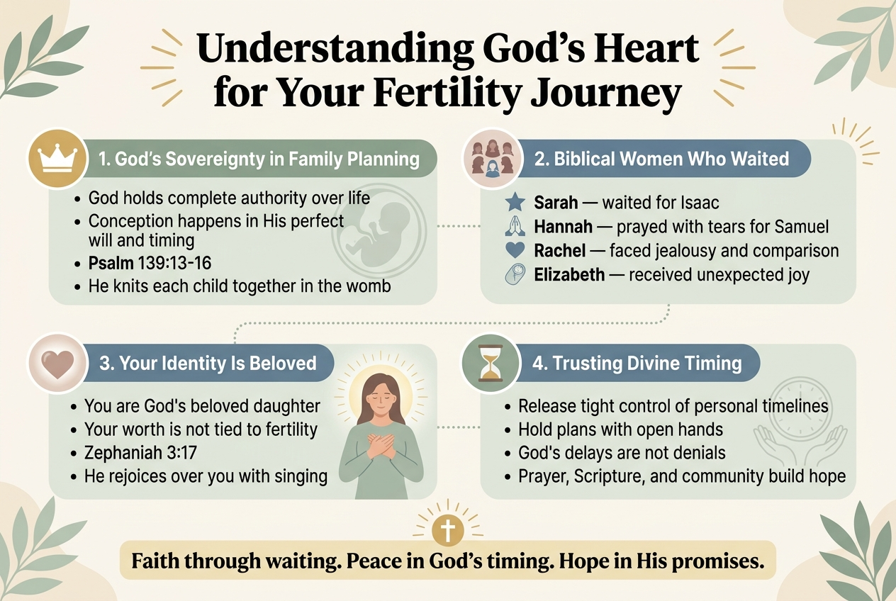 Create a full-bleed infographic illustration in a clean modern Christian style, aspect ratio 3:2, with a soft cream background, muted sage green, dusty blue, warm gold accents, and elegant sans-serif typography with a bold serif title.

Top center headline in large bold text: "Understanding God's Heart for Your Fertility Journey"

Arrange the infographic in 4 wide horizontal sections across the page, each in a rounded rectangle panel with a small icon and numbered heading. Use clear visual hierarchy, ample spacing, and no vertical poster layout.

Section 1 on upper left: a gold crown icon and the heading "1. God's Sovereignty in Family Planning"
Include short bullet text:
• "God holds complete authority over life"
• "Conception happens in His perfect will and timing"
• "Psalm 139:13-16"
• "He knits each child together in the womb"
Place a subtle background illustration of a baby silhouette within a womb-like circle.

Section 2 on upper right: a group of four small female silhouettes and the heading "2. Biblical Women Who Waited"
Include short bullet text:
• "Sarah — waited for Isaac"
• "Hannah — prayed with tears for Samuel"
• "Rachel — faced jealousy and comparison"
• "Elizabeth — received unexpected joy"
Add small icons beside each name: star, prayer hands, heart, and baby blanket.

Section 3 on lower left: a heart icon with a soft glow and the heading "3. Your Identity Is Beloved"
Include short bullet text:
• "You are God's beloved daughter"
• "Your worth is not tied to fertility"
• "Zephaniah 3:17"
• "He rejoices over you with singing"
Show a gentle illustration of a woman standing with hands over heart, surrounded by a halo of light.

Section 4 on lower right: an hourglass icon and the heading "4. Trusting Divine Timing"
Include short bullet text:
• "Release tight control of personal timelines"
• "Hold plans with open hands"
• "God's delays are not denials"
• "Prayer, Scripture, and community build hope"
Add a subtle clock and open hands illustration.

Bottom center in a highlighted banner with a small cross icon and bold text:
"Faith through waiting. Peace in God's timing. Hope in His promises."

Use soft decorative elements like leaves, rays of light, and gentle dotted lines connecting the panels. Keep text highly readable, balanced, and polished.
