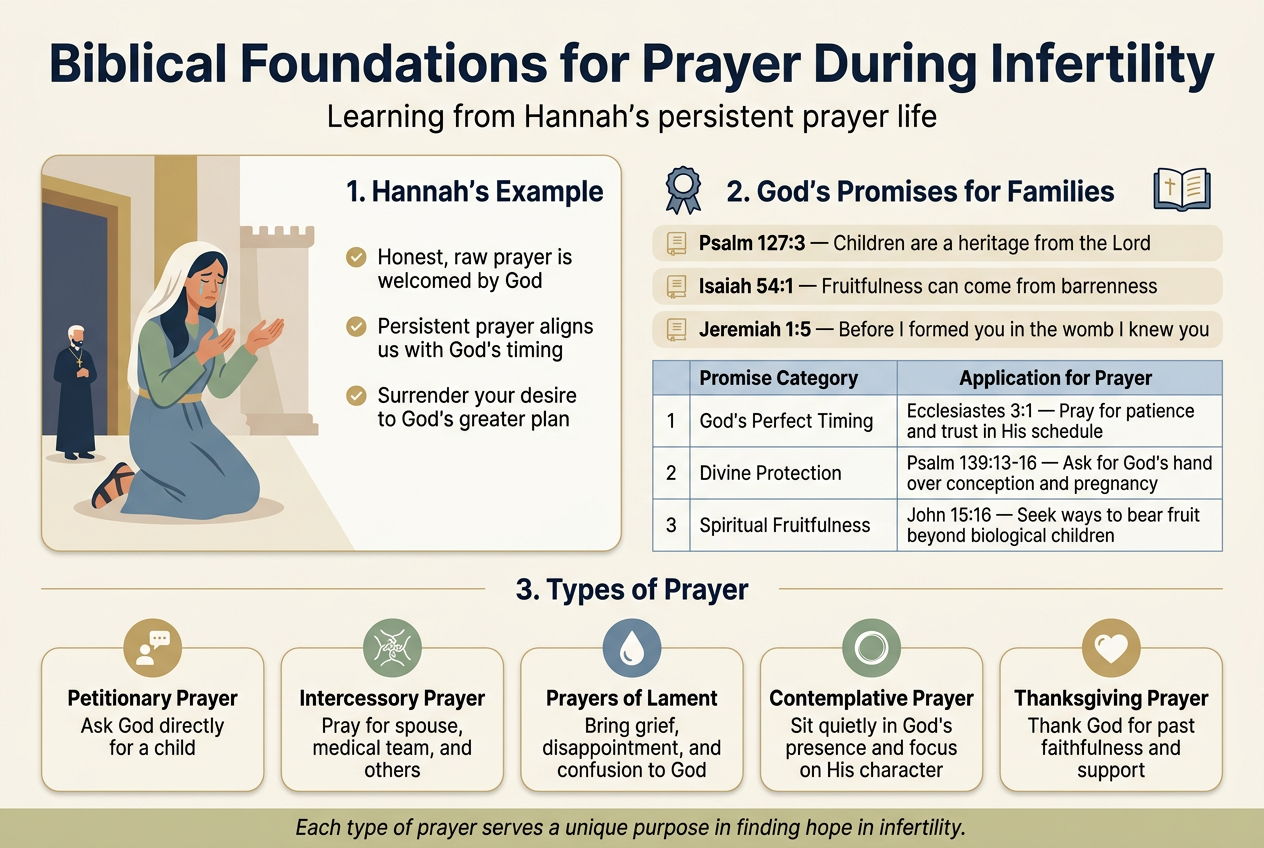 Create a clean, professional full-bleed infographic in a 3:2 landscape aspect ratio with a soft cream background, deep navy headings, muted gold accents, sage green and dusty blue section highlights, modern sans-serif font, and strong visual hierarchy.

Top header across full width:
Large bold title text: "Biblical Foundations for Prayer During Infertility"
Subtitle below in smaller text: "Learning from Hannah’s persistent prayer life"

Main layout: three wide horizontal content bands with icons and clear section headers.

Left upper section, wide card with an illustration of Hannah kneeling in prayer beside a temple doorway, tears and open hands, with a small priest silhouette nearby:
Section header: "1. Hannah’s Example"
Three short bullet points with checkmark icons:
• "Honest, raw prayer is welcomed by God"
• "Persistent prayer aligns us with God’s timing"
• "Surrender your desire to God’s greater plan"

Center upper-right section, a scripture promise panel with a ribbon icon and open Bible icon:
Section header: "2. God’s Promises for Families"
Three stacked scripture callouts with small verse icons:
"Psalm 127:3 — Children are a heritage from the Lord"
"Isaiah 54:1 — Fruitfulness can come from barrenness"
"Jeremiah 1:5 — Before I formed you in the womb I knew you"

Below the scripture callouts, add a clean two-column mini table with thin lines and soft blue headers:
Column headers: "Promise Category" | "Application for Prayer"
Row 1: "God’s Perfect Timing" | "Ecclesiastes 3:1 — Pray for patience and trust in His schedule"
Row 2: "Divine Protection" | "Psalm 139:13-16 — Ask for God’s hand over conception and pregnancy"
Row 3: "Spiritual Fruitfulness" | "John 15:16 — Seek ways to bear fruit beyond biological children"

Bottom wide section spanning the full width with five evenly spaced rounded cards, each with a distinct icon and bold label:
Section header: "3. Types of Prayer"
Card 1 with ask icon: "Petitionary Prayer" — "Ask God directly for a child"
Card 2 with interwoven hands icon: "Intercessory Prayer" — "Pray for spouse, medical team, and others"
Card 3 with teardrop icon: "Prayers of Lament" — "Bring grief, disappointment, and confusion to God"
Card 4 with calm circle icon: "Contemplative Prayer" — "Sit quietly in God’s presence and focus on His character"
Card 5 with gratitude heart icon: "Thanksgiving Prayer" — "Thank God for past faithfulness and support"

Add a small footer strip along the bottom with a gentle olive accent and this closing line in italic text:
"Each type of prayer serves a unique purpose in finding hope in infertility."

Use elegant spacing, balanced alignment, subtle dividers, flat vector icons, and no decorative frame around the infographic.
