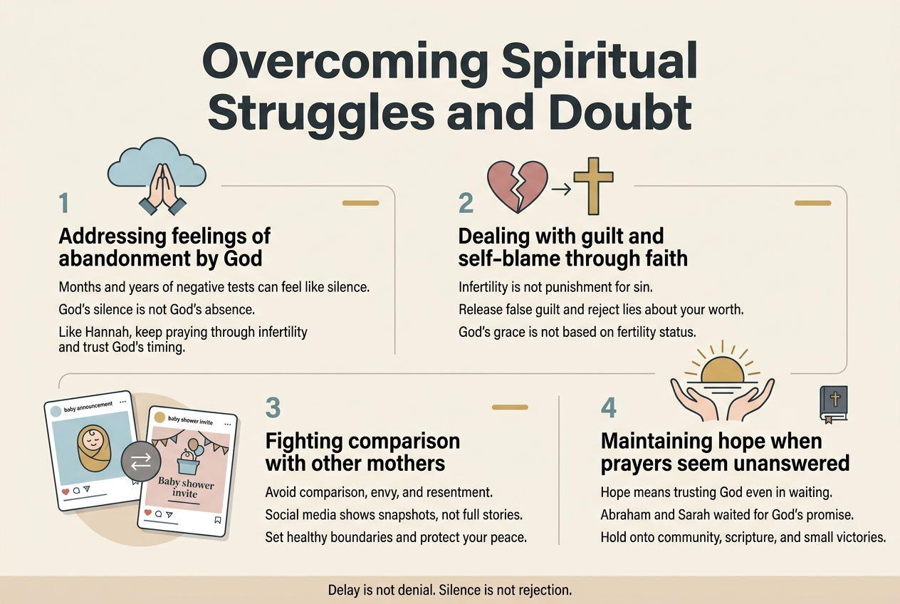 Create a full-bleed 3:2 landscape infographic illustration with a clean modern Christian design, soft warm beige background, muted teal, dusty rose, gold, and charcoal accents, bold sans-serif heading, readable subheadings, and a balanced four-section horizontal layout across the page.

Top center: large bold title text in dark charcoal, "Overcoming Spiritual Struggles and Doubt".

Below the title, divide the infographic into 4 wide horizontal content blocks or connected panels across the center and lower area, each with a simple icon, numbered label, short headline, and 2–3 concise lines of supporting text. Use clear visual hierarchy, subtle dividers, and small gold accent lines.

Section 1, left side: a soft blue cloud-and-prayer-hands icon.
Number label: "1"
Headline: "Addressing feelings of abandonment by God"
Body text:
"Months and years of negative tests can feel like silence."
"God's silence is not God's absence."
"Like Hannah, keep praying through infertility and trust God's timing."

Section 2, upper middle-right: a broken heart turning into a cross icon.
Number label: "2"
Headline: "Dealing with guilt and self-blame through faith"
Body text:
"Infertility is not punishment for sin."
"Release false guilt and reject lies about your worth."
"God's grace is not based on fertility status."

Section 3, lower left-middle: two contrasting social media style cards, one with a baby announcement and one with a baby shower invite, plus a muted comparison arrow icon.
Number label: "3"
Headline: "Fighting comparison with other mothers"
Body text:
"Avoid comparison, envy, and resentment."
"Social media shows snapshots, not full stories."
"Set healthy boundaries and protect your peace."

Section 4, lower right: a rising sun over open hands icon with a small scripture-book symbol.
Number label: "4"
Headline: "Maintaining hope when prayers seem unanswered"
Body text:
"Hope means trusting God even in waiting."
"Abraham and Sarah waited for God's promise."
"Hold onto community, scripture, and small victories."

Add a thin inspirational footer band across the bottom with small text centered:
"Delay is not denial. Silence is not rejection."

Use elegant line icons, soft shadows, plenty of whitespace, and a calm hopeful mood. Keep the layout wide and spacious, with the four sections arranged in a clear multi-column infographic flow, not a vertical poster.