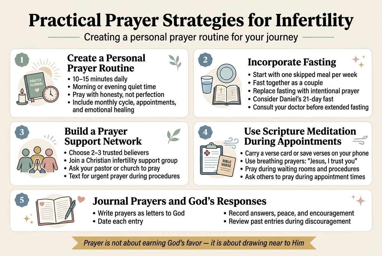 Create a full-bleed landscape infographic in 3:2 aspect ratio with a clean professional Christian wellness style. Use a soft cream background with muted sage green, dusty blue, blush pink, and warm gold accents. Use modern sans-serif fonts with a bold serif or strong sans-serif title. Clear visual hierarchy, wide horizontal sections, no centered vertical poster layout.

Top header across the full width:
Large bold title text: "Practical Prayer Strategies for Infertility"
Smaller subtitle beneath: "Creating a personal prayer routine for your journey"

Main body in five wide horizontal or tiled sections arranged in a 2-row layout with icons and numbered labels:

Section 1, top left:
Numbered badge "1"
A small icon of a prayer journal, candle, and clock
Heading text: "Create a Personal Prayer Routine"
Bullet points:
"10–15 minutes daily"
"Morning or evening quiet time"
"Pray with honesty, not perfection"
"Include monthly cycle, appointments, and emotional healing"

Section 2, top center/right:
Numbered badge "2"
A small icon of a water cup, plate, and open Bible
Heading text: "Incorporate Fasting"
Bullet points:
"Start with one skipped meal per week"
"Fast together as a couple"
"Replace fasting with intentional prayer"
"Consider Daniel’s 21-day fast"
"Consult your doctor before extended fasting"

Section 3, middle left:
Numbered badge "3"
A small icon of three people holding hands with a prayer symbol
Heading text: "Build a Prayer Support Network"
Bullet points:
"Choose 2–3 trusted believers"
"Join a Christian infertility support group"
"Ask your pastor or church to pray"
"Text for urgent prayer during procedures"

Section 4, middle center/right:
Numbered badge "4"
A small icon of a hospital clipboard, Bible verse card, and calming breath lines
Heading text: "Use Scripture Meditation During Appointments"
Bullet points:
"Carry a verse card or save verses on your phone"
"Use breathing prayers: 'Jesus, I trust you'"
"Pray during waiting rooms and procedures"
"Ask others to pray during appointment times"

Section 5, bottom full-width:
Numbered badge "5"
A small icon of an open notebook, pen, and small heart
Heading text: "Journal Prayers and God’s Responses"
Bullet points:
"Write prayers as letters to God"
"Date each entry"
"Record answers, peace, and encouragement"
"Review past entries during discouragement"

Add a small concluding ribbon or callout at the bottom with gold accent text:
"Prayer is not about earning God's favor — it is about drawing near to Him"

Use subtle line dividers, rounded cards, and simple faith-based decorative elements like soft rays, tiny leaves, and gentle sparkles. Keep all text crisp, readable, and evenly spaced.