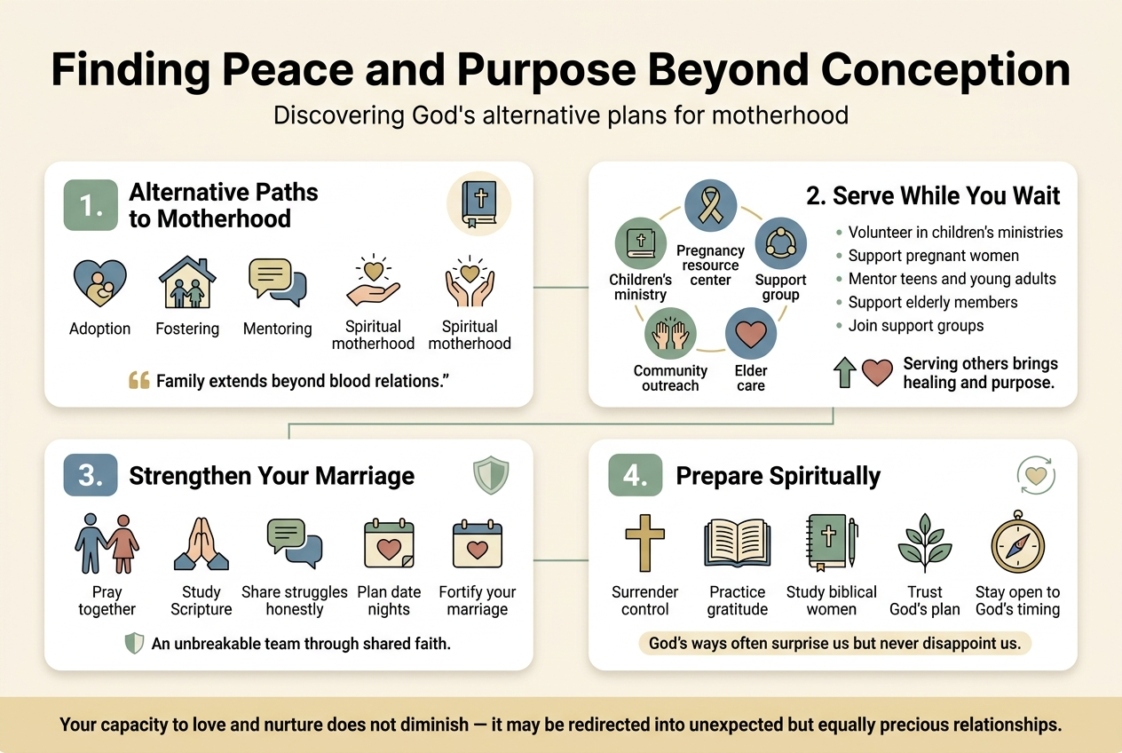 Create a full-bleed professional infographic in a clean modern Christian editorial style, aspect ratio 3:2, with a soft warm cream background, muted sage green, dusty blue, and subtle gold accents. Use bold sans-serif typography for headings and a readable serif or clean sans-serif for body text. Place a large, bold title across the top: "Finding Peace and Purpose Beyond Conception" with a smaller subtitle beneath: "Discovering God's alternative plans for motherhood".

Design a wide 4-section horizontal layout with clear icons and numbered blocks, not a narrow vertical poster. Use thin connecting lines, rounded cards, and simple flat illustrations.

Section 1 on the upper left: a card titled "1. Alternative Paths to Motherhood" with four small icon labels in a row: an adoption heart-and-child icon, a fostering house-and-child icon, a mentoring speech-bubble icon, and a spiritual motherhood hands-and-light icon. Include short text: "Adoption", "Fostering", "Mentoring", "Spiritual motherhood". Add a small Bible scroll icon and a quote-style callout: "Family extends beyond blood relations."

Section 2 on the upper right: a card titled "2. Serve While You Wait" with a circular service icon cluster: children’s ministry book icon, pregnancy resource center ribbon icon, support group circle icon, community outreach helping-hands icon, and elder care heart icon. Add concise text bullets: "Volunteer in children's ministries", "Support pregnant women", "Mentor teens and young adults", "Support elderly members", "Join support groups". Include a small upward arrow and heart icon with the caption: "Serving others brings healing and purpose."

Section 3 across the lower left: a card titled "3. Strengthen Your Marriage" with a couple holding hands icon, prayer hands icon, and small calendar/date-night icon. Add short text: "Pray together", "Study Scripture", "Share struggles honestly", "Plan date nights", "Fortify your marriage". Include a subtle shield icon and the phrase: "An unbreakable team through shared faith."

Section 4 across the lower right: a card titled "4. Prepare Spiritually" with a cross, open Bible, prayer journal, gratitude leaves, and compass icon. Add short text: "Surrender control", "Practice gratitude", "Study biblical women", "Trust God's plan", "Stay open to God's timing". Include a small highlighted line: "God's ways often surprise us but never disappoint us."

Add a slim bottom banner spanning the width with a gentle gold highlight and the closing statement in bold: "Your capacity to love and nurture does not diminish — it may be redirected into unexpected but equally precious relationships."

Use clear visual hierarchy: title largest at top, section headings medium-bold, body text smaller, icons large and colorful, plenty of whitespace, balanced spacing, and aligned cards. Avoid clutter, keep all text crisp and legible.