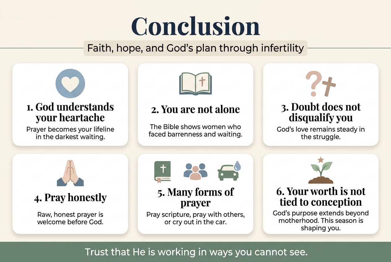 Aspect ratio 3:2, full-bleed clean professional infographic with a soft warm cream background, muted sage green, dusty blue, blush accents, elegant serif heading and modern sans-serif body text. 

Top center, large bold heading in dark navy: "Conclusion"

Below the heading, a wide horizontal subtitle line in smaller text: "Faith, hope, and God's plan through infertility"

Main content arranged in 6 balanced rectangular sections across two rows of three cards, with generous spacing, no narrow vertical stack.

Section 1 on the upper left with a heart icon in a soft blue circle:
"1. God understands your heartache"
Small supporting line: "Prayer becomes your lifeline in the darkest waiting."

Section 2 upper center with an open Bible icon:
"2. You are not alone"
Small supporting line: "The Bible shows women who faced barrenness and waiting."

Section 3 upper right with a gentle question-mark and cross icon:
"3. Doubt does not disqualify you"
Small supporting line: "God's love remains steady in the struggle."

Section 4 lower left with a hands-in-prayer icon:
"4. Pray honestly"
Small supporting line: "Raw, honest prayer is welcome before God."

Section 5 lower center with three small icons in a row: a Bible verse page, a group of people, and a car with a tear drop:
"5. Many forms of prayer"
Small supporting line: "Pray scripture, pray with others, or cry out in the car."

Section 6 lower right with a seedling growing from soil icon and a small star above it:
"6. Your worth is not tied to conception"
Small supporting line: "God's purpose extends beyond motherhood. This season is shaping you."

Add a bottom full-width concluding banner in deep sage with white text:
"Trust that He is working in ways you cannot see."

Use clear iconography, strong hierarchy, rounded cards, subtle shadows, and balanced white space. Keep all text crisp, legible, and exactly as written.