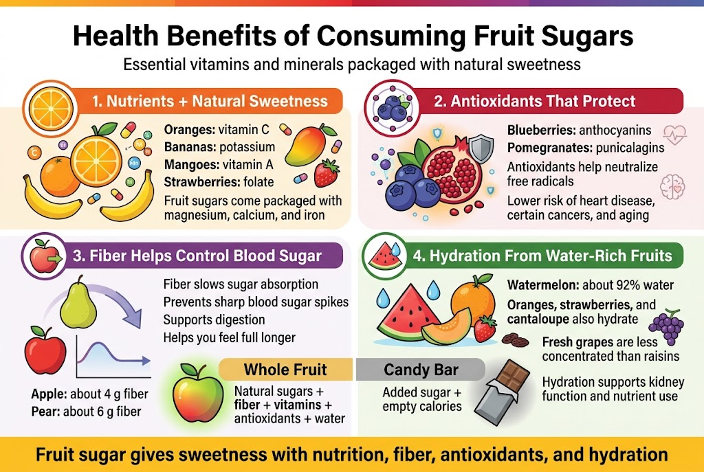 Create a full-bleed 3:2 horizontal infographic illustration with a clean modern healthcare style, bright fruit-inspired colors, white background with soft gradient accents of orange, red, purple, green, and yellow. Use bold sans-serif typography, strong hierarchy, and a wide multi-section layout with no vertical poster frame.

TOP HEADER:
Large bold title centered across the top: "Health Benefits of Consuming Fruit Sugars"
Smaller subtitle beneath: "Essential vitamins and minerals packaged with natural sweetness"

MAIN LAYOUT:
Use four wide horizontal content blocks across the page, arranged in a balanced two-by-two grid with clear icons and short text labels. Each block should have a colored title bar, a large fruit-themed icon, and concise supporting text.

SECTION 1 — TOP LEFT:
Title: "1. Nutrients + Natural Sweetness"
Icon: a bright orange slice with small vitamin and mineral symbols floating around it
Include these text lines:
"Oranges: vitamin C"
"Bananas: potassium"
"Mangoes: vitamin A"
"Strawberries: folate"
"Fruit sugars come packaged with magnesium, calcium, and iron"
Visual detail: show an orange, banana, mango, and strawberry arranged around the text with tiny pill-shaped nutrient icons

SECTION 2 — TOP RIGHT:
Title: "2. Antioxidants That Protect"
Icon: a cluster of blueberries and pomegranate seeds with a shield symbol
Include these text lines:
"Blueberries: anthocyanins"
"Pomegranates: punicalagins"
"Antioxidants help neutralize free radicals"
"Lower risk of heart disease, certain cancers, and aging"
Visual detail: show colorful fruit with glowing shield particles and a subtle heart and brain symbol nearby

SECTION 3 — BOTTOM LEFT:
Title: "3. Fiber Helps Control Blood Sugar"
Icon: an apple with a slow-moving arrow and a steady line graph
Include these text lines:
"Fiber slows sugar absorption"
"Prevents sharp blood sugar spikes"
"Supports digestion"
"Helps you feel full longer"
"Apple: about 4 g fiber"
"Pear: about 6 g fiber"
Visual detail: show an apple and pear with a gentle downward arrow into a smooth, stable glucose line

SECTION 4 — BOTTOM RIGHT:
Title: "4. Hydration From Water-Rich Fruits"
Icon: a watermelon slice with water droplets
Include these text lines:
"Watermelon: about 92% water"
"Oranges, strawberries, and cantaloupe also hydrate"
"Fresh grapes are less concentrated than raisins"
"Hydration supports kidney function and nutrient use"
Visual detail: show watermelon, orange, strawberry, cantaloupe, grapes, raisins, and blue water droplets

CENTER OR LOWER CENTER COMPARISON STRIP:
A wide comparison band with two side-by-side panels:
Left panel title: "Whole Fruit"
Text: "Natural sugars + fiber + vitamins + antioxidants + water"
Right panel title: "Candy Bar"
Text: "Added sugar + empty calories"
Visual detail: place a colorful apple on the left and a candy bar on the right, with the apple glowing green and the candy bar dull gray

BOTTOM FOOTER CALLOUT:
Add a bold concluding banner:
"Fruit sugar gives sweetness with nutrition, fiber, antioxidants, and hydration"

STYLE:
Clean medical infographic, flat vector illustration, crisp outlines, vibrant fruit colors, subtle shadows, spacious layout, high readability, professional editorial design, no photo realism, no clutter, no inset frame, no dark background