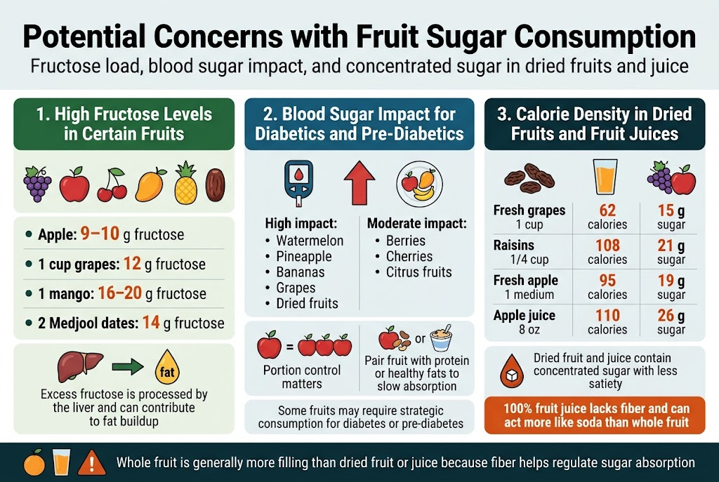 Create a full-bleed professional infographic in a 3:2 aspect ratio with a clean modern medical-nutrition style, white background, deep green and blue accents, orange warning highlights, and dark charcoal text. Use bold sans-serif fonts with clear hierarchy and wide horizontal section layouts, not a vertical poster. 

Top header across the full width:
Large bold title text: "Potential Concerns with Fruit Sugar Consumption"
Subheader in smaller text: "Fructose load, blood sugar impact, and concentrated sugar in dried fruits and juice"

Below the header, arrange three wide horizontal content blocks across the page, each with a colored title bar and simple flat icons.

LEFT BLOCK:
Section title: "1. High Fructose Levels in Certain Fruits"
Use an icon row with a grape cluster, apple, cherry, mango, pineapple, and date icon.
Include three short bullet callouts with bold numbers:
"Apple: 9–10 g fructose"
"1 cup grapes: 12 g fructose"
"1 mango: 16–20 g fructose"
"2 Medjool dates: 14 g fructose"
Add a small liver icon with an arrow turning into a fat droplet and the caption: "Excess fructose is processed by the liver and can contribute to fat buildup"

CENTER BLOCK:
Section title: "2. Blood Sugar Impact for Diabetics and Pre-Diabetics"
Use a glucose meter icon, upward blood sugar arrow, and a plate with fruit.
Include a simple two-column comparison list:
High impact: "Watermelon", "Pineapple", "Bananas", "Grapes", "Dried fruits"
Moderate impact: "Berries", "Cherries", "Citrus fruits"
Add a small portion-control visual with one apple next to three apples and the label: "Portion control matters"
Add a pairing icon showing fruit with nuts/yogurt and the caption: "Pair fruit with protein or healthy fats to slow absorption"
Add a small warning note: "Some fruits may require strategic consumption for diabetes or pre-diabetes"

RIGHT BLOCK:
Section title: "3. Calorie Density in Dried Fruits and Fruit Juices"
Use icons of raisins, a juice glass, and fresh grapes/apples.
Create a compact comparison table with clean rows and bold numbers:
"Fresh grapes | 1 cup | 62 calories | 15 g sugar"
"Raisins | 1/4 cup | 108 calories | 21 g sugar"
"Fresh apple | 1 medium | 95 calories | 19 g sugar"
"Apple juice | 8 oz | 110 calories | 26 g sugar"
Add a visual note with a concentrated sugar droplet icon and the caption: "Dried fruit and juice contain concentrated sugar with less satiety"
Add a final warning strip at the bottom of this block: "100% fruit juice lacks fiber and can act more like soda than whole fruit"

Bottom footer spanning the width:
Use a thin colored banner with small icons of a whole fruit, a glass of juice, and a warning triangle.
Footer text: "Whole fruit is generally more filling than dried fruit or juice because fiber helps regulate sugar absorption"

Visual style:
Use crisp flat vector icons, subtle shadows, strong contrast, neat alignment, generous spacing, and easy-to-read infographic typography. Emphasize key numbers in orange or red. Keep all text sharp, legible, and exactly as written.