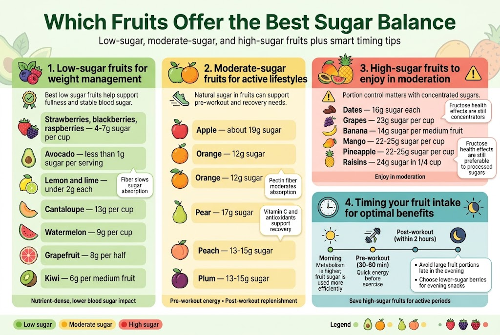 Create a clean, professional full-bleed infographic illustration in a 3:2 aspect ratio, using a bright fresh palette of green, yellow, orange, and red with white background panels, subtle fruit illustrations, and modern sans-serif fonts. Place a bold शीर्ष? No, exact title in large dark green text at the top center: "Which Fruits Offer the Best Sugar Balance". Use a wide horizontal layout with four main sections arranged left to right across the canvas, each in a colored block with icons and short bullet lists.

Top header:
- Large bold title centered at the top.
- Small line of subtitle text under the title in medium gray: "Low-sugar, moderate-sugar, and high-sugar fruits plus smart timing tips"

Section 1 on the left, light green panel with a berry icon and leaf accents, heading in bold: "1. Low-sugar fruits for weight management"
- Include a small checkmark badge icon.
- Add a short sentence in smaller text: "Best low sugar fruits help support fullness and stable blood sugar."
- Use a vertical list with small fruit icons and sugar amounts:
  • "Strawberries, blackberries, raspberries — 4-7g sugar per cup"
  • "Avocado — less than 1g sugar per serving"
  • "Lemon and lime — under 2g each"
  • "Cantaloupe — 13g per cup"
  • "Watermelon — 9g per cup"
  • "Grapefruit — 8g per half"
  • "Kiwi — 6g per medium fruit"
- Add a small callout bubble: "Fiber slows sugar absorption"
- Add a small note near the bottom: "Nutrient-dense, lower blood sugar impact"

Section 2 in the center-left, soft yellow panel with an apple/orange icon, heading in bold: "2. Moderate-sugar fruits for active lifestyles"
- Include a running shoe or dumbbell icon.
- Add a short sentence: "Natural sugar in fruits can support pre-workout and recovery needs."
- Use a vertical list with icons and sugar amounts:
  • "Apple — about 19g sugar"
  • "Orange — 12g sugar"
  • "Pear — 17g sugar"
  • "Peach — 13-15g sugar"
  • "Plum — 13-15g sugar"
- Add two small callouts:
  • "Pectin fiber moderates absorption"
  • "Vitamin C and antioxidants support recovery"
- Add a small label: "Pre-workout energy • Post-workout replenishment"

Section 3 in the center-right, soft red/orange panel with tropical fruit icons, heading in bold: "3. High-sugar fruits to enjoy in moderation"
- Include a caution triangle icon.
- Add a short sentence: "Portion control matters with concentrated sugars."
- Use a vertical list with sugar amounts:
  • "Dates — 16g sugar each"
  • "Grapes — 23g sugar per cup"
  • "Banana — 14g sugar per medium fruit"
  • "Mango — 22-25g sugar per cup"
  • "Pineapple — 22-25g sugar per cup"
  • "Raisins — 24g sugar in 1/4 cup"
- Add a small note box: "Fructose health effects are still preferable to processed sugars"
- Add a small label in bold: "Enjoy in moderation"

Section 4 on the right, blue-green panel with clock and sun/moon icons, heading in bold: "4. Timing your fruit intake for optimal benefits"
- Use a horizontal timeline with three labeled points and small icons:
  • "Morning" — "Metabolism is higher; fruit sugar is used more efficiently"
  • "Pre-workout (30-60 min)" — "Quick energy before exercise"
  • "Post-workout (within 2 hours)" — "Replenish glycogen and support recovery"
- Add a final evening warning callout with a moon icon:
  • "Avoid large fruit portions late in the evening"
  • "Choose lower-sugar berries for evening snacks"
- Add a small bottom line note: "Save high-sugar fruits for active periods"

Bottom band across the full width:
- A thin infographic footer with three colored mini badges:
  • Green badge: "Low sugar"
  • Yellow badge: "Moderate sugar"
  • Red badge: "High sugar"
- Include a small legend using fruit icons and color-coded dots.

Design details:
- Use clear section dividers, rounded rectangles, and simple flat vector fruit icons.
- Maintain strong visual hierarchy with bold headings, medium-size sugar numbers, and smaller explanatory text.
- Keep text legible and balanced across wide columns, avoiding a vertical poster layout.
- Use subtle shadows, crisp outlines, and clean spacing.
- Full-bleed composition with no frame or border.