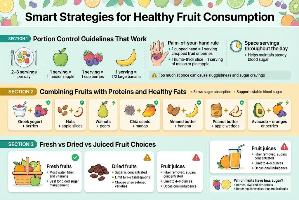 Create a clean, modern health infographic in a full-bleed 3:2 landscape layout with a bright fresh color palette of green, teal, yellow, white, and soft berry accents. Use bold sans-serif typography with strong hierarchy. Add a clear headline at the top center in large bold text: "Smart Strategies for Healthy Fruit Consumption". Place a subtle fruit-and-leaf illustration band behind the title.

Below the title, divide the infographic into three wide horizontal sections with icons and short bullet text, using a balanced multi-column layout rather than a vertical poster.

SECTION 1 on the left and center top: "Portion Control Guidelines That Work"
Include a circular plate icon, a hand icon, and small fruit icons. Show three visual serving examples with labels:
"2–3 servings per day"
"1 serving = 1 medium apple"
"1 serving = 1 cup berries"
"1 serving = 1/2 large banana"
Add a hand-sizing graphic with text:
"Palm-of-your-hand rule"
"1 cupped hand = 1 serving chopped fruit or berries"
"Thumb-thick slice = 1 serving of melon or pineapple"
Add a small clock icon with text:
"Space servings throughout the day"
"Helps maintain steady blood sugar"
Add a subtle warning note with an alert icon:
"Too much at once can cause sluggishness and sugar cravings"

SECTION 2 across the middle wide band: "Combining Fruits with Proteins and Healthy Fats"
Use paired food illustrations in neat boxes with connecting plus signs. Show:
"Greek yogurt + berries"
"Nuts + apple slices"
"Walnuts + pears"
"Chia seeds + mango"
"Almond butter + banana"
"Peanut butter + apple wedges"
"Avocado + oranges or berries"
Add small shield and energy icons beside the text:
"Slows sugar absorption"
"Supports stable blood sugar"
"Extends satiety"
Use a warm, balanced color accent for this section, with creamy white card panels and green highlights.

SECTION 3 at the bottom wide band: "Fresh vs Dried vs Juiced Fruit Choices"
Create three side-by-side comparison panels with large illustrative icons:
Left panel with a bright whole fruit basket icon and green check mark:
"Fresh fruits"
"Most water, fiber, and vitamins"
"Best for blood sugar management"
Middle panel with a small handful of raisins icon and amber caution mark:
"Dried fruits"
"Sugar is concentrated"
"Limit to 1–2 tablespoons"
"Choose unsweetened varieties"
Right panel with a juice glass icon and red caution mark:
"Fruit juices"
"Fiber removed, sugars concentrated"
"Limit to 4–6 ounces"
"Occasional indulgence"
Add a small footer callout strip with berry and citrus icons:
"Which fruits have less sugar?"
"Berries, kiwi, and citrus fruits"
"Better regular choices than tropical fruits"

Use clean vector-style illustrations, rounded rectangles, soft shadows, and clear spacing. Keep all text legible and concise. Avoid clutter. Make the infographic feel fresh, trustworthy, and easy to scan.