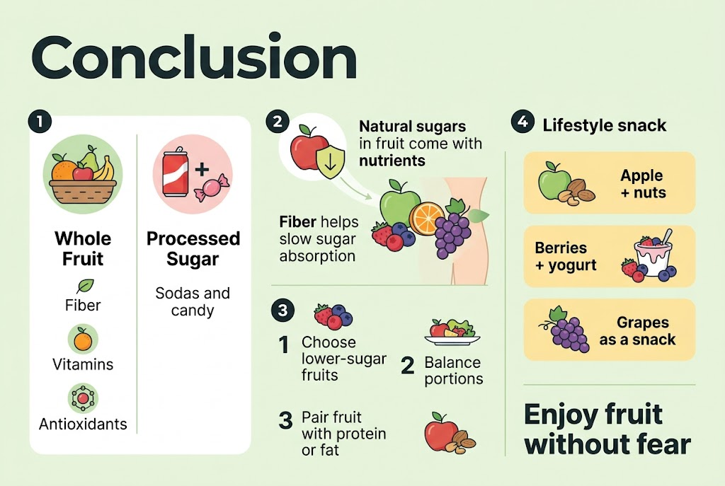 Create a full-bleed infographic illustration in a clean modern flat vector style, aspect ratio 3:2, with a bright natural color palette of fresh greens, berry reds, citrus orange, soft yellow, white, and dark charcoal text. Use a wide horizontal layout with four balanced sections across the page, not a narrow vertical poster. Add a bold top heading in large sans-serif font: "Conclusion"

Section 1 on the left: a split comparison panel with a whole fruit basket icon on one side and soda can plus candy icons on the other. Add the text: "Whole Fruit" and "Processed Sugar". Under Whole Fruit, include small labels with icons: "Fiber", "Vitamins", "Antioxidants". Under Processed Sugar, include the text: "Sodas and candy".

Section 2 near the upper center: a fruit icon with a shield and slow-down arrow graphic. Add the text: "Natural sugars in fruit come with nutrients" and below it: "Fiber helps slow sugar absorption". Show an apple, berries, and grapes with a subtle flow line from fruit to body.

Section 3 near the lower center: a simple numbered list in two columns with small food icons:
1. "Choose lower-sugar fruits" — berries icon
2. "Balance portions" — small plate icon
3. "Pair fruit with protein or fat" — apple with nuts icon

Section 4 on the right: a lifestyle snack strip with three illustrated snack scenes in small rounded boxes:
- "Apple + nuts"
- "Berries + yogurt"
- "Grapes as a snack"
Add a final bold callout at the bottom right: "Enjoy fruit without fear"

Use clear visual hierarchy with bold section labels, smaller supporting text, and simple icons. Keep the composition airy and professional, with strong spacing, subtle dividers, and no borders or inset frame. Include only the exact text shown above.