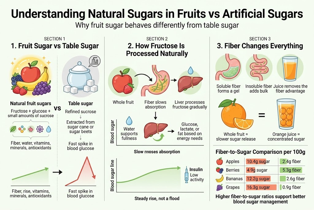 Full-bleed professional infographic, aspect ratio 3:2, clean modern flat vector style, white background with soft fruit-themed accents in green, orange, red, and yellow, bold sans-serif typography, clear visual hierarchy, wide horizontal layout with multiple sections and icons, no poster frame, no inset margins.

Top header spanning full width:
Large bold title text: "Understanding Natural Sugars in Fruits vs Artificial Sugars"
Smaller subtitle beneath: "Why fruit sugar behaves differently from table sugar"

Below the header, create three wide horizontal content blocks arranged left-to-right across the page, with icons and short labeled text.

SECTION 1 on the left, titled in bold: "1. Fruit Sugar vs Table Sugar"
Show a split comparison graphic:
Left side: a whole apple, berries, banana, and grapes with a glowing nutrient halo and small icons for fiber, vitamins, minerals, antioxidants, and water.
Text labels beside it: "Natural fruit sugars", "Fructose + glucose + small amounts of sucrose", "Fiber, water, vitamins, minerals, antioxidants"
Right side: a sugar bowl and sugar cubes with a refinery pipe icon.
Text labels beside it: "Table sugar", "Refined sucrose", "Extracted from sugar cane or sugar beets", "Fast spike in blood glucose"
Place a simple arrow from fruit to slow rise line and from sugar cubes to steep spike line.

SECTION 2 in the center, titled in bold: "2. How Fructose Is Processed Naturally"
Use a liver icon, digestive tract icon, and gradual absorption timeline.
Show fruit entering the stomach with fiber strands slowing sugar release, then a calm liver icon processing steadily.
Add labels in sequence:
"Whole fruit"
"Fiber slows absorption"
"Water supports fullness"
"Liver processes fructose gradually"
"Glucose, lactate, or fat based on energy needs"
Include a smooth low-rise blood sugar line graph and a small insulin icon with low activity indicator.
Add a caption: "Steady rise, not a flood"

SECTION 3 on the right, titled in bold: "3. Fiber Changes Everything"
Show a gel-like fiber barrier icon in the stomach and an orange with peeled segments, then a juice glass with the pulp removed.
Text labels:
"Soluble fiber forms a gel"
"Slows gastric emptying"
"Insoluble fiber adds bulk"
"Juice removes the fiber advantage"
"Whole fruit = slower sugar release"
"Orange juice = concentrated sugar"
Use a comparison visual: whole orange vs orange juice glass, with the juice side showing several oranges condensed into one glass.

Bottom wide section across the full width, titled in bold: "Fiber-to-Sugar Comparison per 100g"
Create a clean 2-column table with four rows and small fruit icons. Exact table text:
"Apples | 10.4g sugar | 2.4g fiber"
"Berries | 4.9g sugar | 5.3g fiber"
"Bananas | 12.2g sugar | 2.6g fiber"
"Grapes | 16.3g sugar | 0.9g fiber"
Add a short concluding line beneath the table in bold: "Higher fiber-to-sugar ratios support better blood sugar management"

Use small icons for each row: apple, berry cluster, banana, grape bunch. Use green highlight bars for fiber and orange-red bars for sugar. Keep the layout balanced, readable, and infographic-like with crisp spacing and clear section dividers.