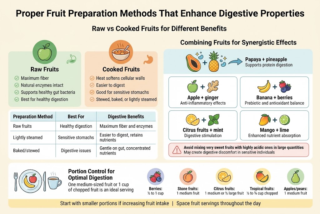 Create a clean, professional infographic in a full-bleed 3:2 layout with a light cream background, teal and green accents, warm orange highlights, and dark charcoal text. Use modern sans-serif fonts with a bold title at the top and clear section headers. Organize the design into wide horizontal sections with three main content blocks and small icons. Add subtle fruit illustrations, digestive symbols, and simple line icons. Keep spacing open, balanced, and easy to scan.

TOP HEADER:
Large bold title centered across the top:
"Proper Fruit Preparation Methods That Enhance Digestive Properties"

SUBHEADING BELOW TITLE:
Smaller text centered:
"Raw vs Cooked Fruits for Different Benefits"

LEFT SECTION: RAW VS COOKED FRUITS
Place a two-column comparison panel across the upper middle of the infographic.

Left column header with a green icon of a fresh apple and leaf:
"Raw Fruits"
Under it, short bullet points with small check icons:
"Maximum fiber"
"Natural enzymes intact"
"Supports healthy gut bacteria"
"Best for healthy digestion"

Right column header with a warm orange icon of a steaming bowl of stewed fruit:
"Cooked Fruits"
Under it, short bullet points with small check icons:
"Heat softens cellular walls"
"Easier to digest"
"Good for sensitive stomachs"
"Stewed, baked, or lightly steamed"

Add a slim comparison table beneath these columns with three rows and clean grid lines:
"Preparation Method | Best For | Digestive Benefits"
"Raw fruits | Healthy digestion | Maximum fiber and enzymes"
"Lightly steamed | Sensitive stomachs | Easier to digest, retains nutrients"
"Baked/stewed | Digestive issues | Gentle on gut, concentrated nutrients"

CENTER SECTION: COMBINING FRUITS FOR SYNERGISTIC EFFECTS
Create a wide central block with paired fruit illustrations and connecting arrows.
Header:
"Combining Fruits for Synergistic Effects"

Show four pairing cards in a 2x2 grid, each with a simple icon pair and a short caption:
"Apple + ginger"
"Anti-inflammatory effects"
"Banana + berries"
"Prebiotic and antioxidant balance"
"Citrus fruits + mint"
"Digestive stimulation"
"Mango + lime"
"Enhanced nutrient absorption"

Above the grid, add a small illustrated pair of papaya and pineapple with enzyme symbols and a connecting arrow:
"Papaya + pineapple"
"Supports protein digestion"

Below the pairing grid, include a small warning callout box with a soft red outline and a caution icon:
"Avoid mixing very sweet fruits with highly acidic ones in large quantities"
"May create digestive discomfort in sensitive individuals"

BOTTOM SECTION: PORTION CONTROL FOR OPTIMAL DIGESTION
Place a wide bottom band with a plate, cup, and portion icons arranged horizontally.

Header:
"Portion Control for Optimal Digestion"

Short explanatory line:
"One medium-sized fruit or 1 cup of chopped fruit is an ideal serving"

Add five small circular portion badges with fruit icons and text:
"Berries: ½ to 1 cup"
"Stone fruits: 1 medium fruit"
"Citrus fruits: 1 medium or ½ large fruit"
"Tropical fruits: ½ to ¾ cup chopped"
"Apples/pears: 1 medium fruit"

Add a final note in a highlighted footer strip:
"Start with smaller portions if increasing fruit intake"
"Space fruit servings throughout the day"

VISUAL STYLE:
Use crisp flat vector illustrations, soft shadows, and simple digestive-friendly symbols like a stomach, sparkles, arrows, enzyme icons, and leaf motifs. Use green for raw and healthy digestion, orange for cooked and gentle digestion, and blue accents for pairing and balance. Make text highly legible with strong hierarchy. Ensure all sections are wide and horizontally arranged, not vertical or poster-like.