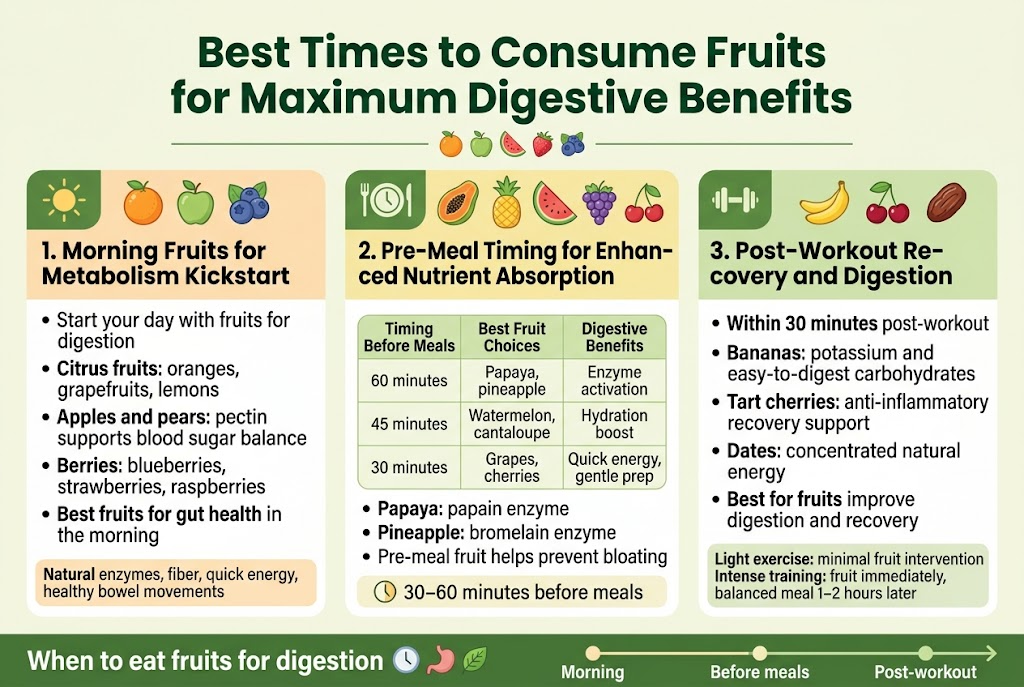 Create a clean, professional full-bleed infographic in a 3:2 aspect ratio, wide horizontal layout, with a bright wellness style using fresh greens, citrus orange, soft yellow, and blueberry blue accents on a light cream background. Use modern sans-serif fonts, bold dark headline, clear section headers, and simple flat vector icons. No frame, no poster border, no inset margins.

Top center: large bold title in dark green text: "Best Times to Consume Fruits for Maximum Digestive Benefits"
Under the title, add a thin horizontal divider with small fruit icons.

Main layout: three wide horizontal sections arranged left to right across the page, each in its own colored card with rounded corners and icon at the top-left of each card.

LEFT CARD — "1. Morning Fruits for Metabolism Kickstart"
Use a sun icon and fruit icons: orange, apple, berries.
Include short bullet text:
• "Start your day with fruits for digestion"
• "Citrus fruits: oranges, grapefruits, lemons"
• "Apples and pears: pectin supports blood sugar balance"
• "Berries: blueberries, strawberries, raspberries"
• "Best fruits for gut health in the morning"
Add small sublabel in a highlighted strip: "Natural enzymes, fiber, quick energy, healthy bowel movements"

CENTER CARD — "2. Pre-Meal Timing for Enhanced Nutrient Absorption"
Use a plate-and-clock icon, plus papaya, pineapple, watermelon, grapes, cherries icons.
Include a clean mini table with 3 rows and 3 columns:
Header row text:
"Timing Before Meals" | "Best Fruit Choices" | "Digestive Benefits"
Row 1:
"60 minutes" | "Papaya, pineapple" | "Enzyme activation"
Row 2:
"45 minutes" | "Watermelon, cantaloupe" | "Hydration boost"
Row 3:
"30 minutes" | "Grapes, cherries" | "Quick energy, gentle prep"
Below the table, add three short callout bullets:
• "Papaya: papain enzyme"
• "Pineapple: bromelain enzyme"
• "Pre-meal fruit helps prevent bloating"
Add a small clock icon next to the text "30–60 minutes before meals"

RIGHT CARD — "3. Post-Workout Recovery and Digestion"
Use a dumbbell icon, banana, tart cherry, and date icons.
Include short bullet text:
• "Within 30 minutes post-workout"
• "Bananas: potassium and easy-to-digest carbohydrates"
• "Tart cherries: anti-inflammatory recovery support"
• "Dates: concentrated natural energy"
• "Best for fruits improve digestion and recovery"
Add a small note strip at the bottom of the card:
"Light exercise: minimal fruit intervention"
"Intense training: fruit immediately, balanced meal 1–2 hours later"

Bottom full-width footer band in darker green with white text: "When to eat fruits for digestion" followed by small icons of a clock, stomach, and leaf. Add a simple timeline graphic across the footer showing morning, before meals, and post-workout.

Use strong visual hierarchy, clear spacing, and readable typography. Keep all text crisp and legible. Use icons, arrows, and small checkmarks to emphasize timing and digestive benefits.