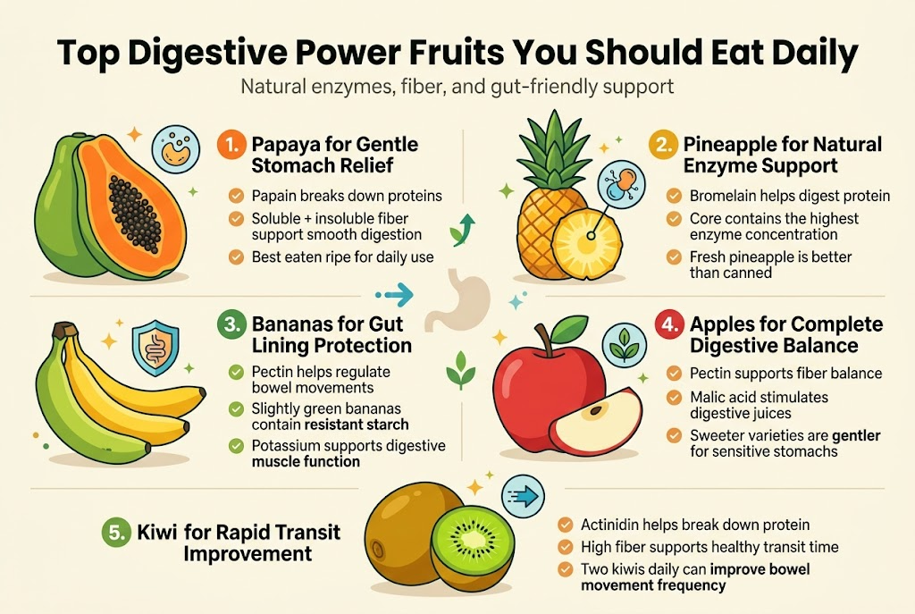 Create a clean, modern full-bleed infographic illustration in a 3:2 landscape aspect ratio with a bright natural health palette of tropical green, orange, yellow, and blue accents on a light cream background. Use a bold sans-serif headline at the top: "Top Digestive Power Fruits You Should Eat Daily". Place a small subtitle under it in lighter text: "Natural enzymes, fiber, and gut-friendly support". Arrange the content in five wide horizontal or two-column sections with clear numbered labels, fruit illustrations, and simple digestive icons. Use crisp vector style, professional spacing, and strong visual hierarchy.

Section 1 on the upper left: a large illustrated papaya with orange flesh and seeds, plus a small enzyme icon. Add the heading: "1. Papaya for Gentle Stomach Relief". Include three short bullet points with small check icons:
- "Papain breaks down proteins"
- "Soluble + insoluble fiber support smooth digestion"
- "Best eaten ripe for daily use"

Section 2 on the upper right: a pineapple illustration with a highlighted core and a small protein/enzyme icon. Add the heading: "2. Pineapple for Natural Enzyme Support". Include three short bullet points:
- "Bromelain helps digest protein"
- "Core contains the highest enzyme concentration"
- "Fresh pineapple is better than canned"

Section 3 in the middle left: a bunch of bananas with one slightly green banana and one ripe banana, plus a gut lining shield icon. Add the heading: "3. Bananas for Gut Lining Protection". Include three short bullet points:
- "Pectin helps regulate bowel movements"
- "Slightly green bananas contain resistant starch"
- "Potassium supports digestive muscle function"

Section 4 in the middle right: a red apple with a slice showing the core and a small fiber/leaf icon. Add the heading: "4. Apples for Complete Digestive Balance". Include three short bullet points:
- "Pectin supports fiber balance"
- "Malic acid stimulates digestive juices"
- "Sweeter varieties are gentler for sensitive stomachs"

Section 5 across the lower center: a bright kiwi, one whole and one cut open showing black seeds, with a rapid transit arrow icon. Add the heading: "5. Kiwi for Rapid Transit Improvement". Include three short bullet points:
- "Actinidin helps break down protein"
- "High fiber supports healthy transit time"
- "Two kiwis daily can improve bowel movement frequency"

Add small decorative gut-health symbols between sections: arrows, leaves, sparkles, and a subtle stomach silhouette. Keep text legible, aligned, and minimal. Use bold section numbers in colored circles. Make the layout balanced and wide, with no vertical poster stack. Include no extra text beyond the title, subtitle, section headings, and bullet points shown above.