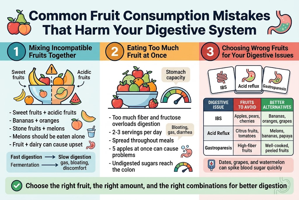 Create a clean, professional infographic illustration in a 3:2 aspect ratio, full-bleed layout with no vertical poster frame. Use a white background with teal, blue, green, orange, and red accent colors. Use bold sans-serif typography, strong visual hierarchy, and wide horizontal sections with clear spacing.

Top header across the full width: large bold title text, "Common Fruit Consumption Mistakes That Harm Your Digestive System" in dark navy. Add small fruit and stomach icons near the title.

Below the title, divide the infographic into three wide horizontal sections with numbered labels and icons:

LEFT TOP SECTION:
Large number badge "1" in a teal circle and heading text, "Mixing Incompatible Fruits Together". Show a fruit bowl icon split into sweet fruits and acidic fruits with a warning symbol. Include short bullet text:
- "Sweet fruits + acidic fruits"
- "Bananas + oranges"
- "Stone fruits + melons"
- "Melons should be eaten alone"
- "Fruit + dairy can cause upset"
Add small icons for banana, orange, peach, melon, yogurt, and a gas/bloating stomach symbol. Include a simple digestion flow graphic showing fast digestion versus slow digestion, with a small arrow and text, "Fermentation → gas, bloating, discomfort".

CENTER SECTION:
Large number badge "2" in an orange circle and heading text, "Eating Too Much Fruit at Once". Show a pile of fruit overflowing from a bowl with a stomach capacity gauge. Include bullet text:
- "Too much fiber and fructose overloads digestion"
- "2-3 servings per day"
- "Spread throughout meals"
- "5 apples at once can cause problems"
- "Undigested sugars reach the colon"
Add icons for apples, fiber strands, gas bubbles, cramping stomach, and a simple gauge meter. Use a small callout box with text, "Bloating, gas, diarrhea".

RIGHT SECTION:
Large number badge "3" in a red circle and heading text, "Choosing Wrong Fruits for Your Digestive Issues". Show three stacked mini-cards with icons for IBS, acid reflux, and gastroparesis. Include a compact comparison table with clean lines and readable text:

"DIGESTIVE ISSUE | FRUITS TO AVOID | BETTER ALTERNATIVES"
"IBS | Apples, pears, cherries | Bananas, oranges, grapes"
"Acid Reflux | Citrus fruits, tomatoes | Melons, bananas, papaya"
"Gastroparesis | High-fiber fruits | Well-cooked, peeled fruits"

Add a small side note row beneath the table with a blood sugar icon and text, "Dates, grapes, and watermelon can spike blood sugar quickly". Use icons for apple, pear, cherry, citrus, tomato, melon, banana, papaya, grapes, and watermelon.

Bottom strip across the full width:
A highlighted summary banner with a green check icon and text, "Choose the right fruit, the right amount, and the right combinations for better digestion". Add subtle digestive system line art in the background.

Use clean infographic styling, modern flat vector design, crisp edges, balanced spacing, and readable text sizes. Keep all text exactly as written above.
