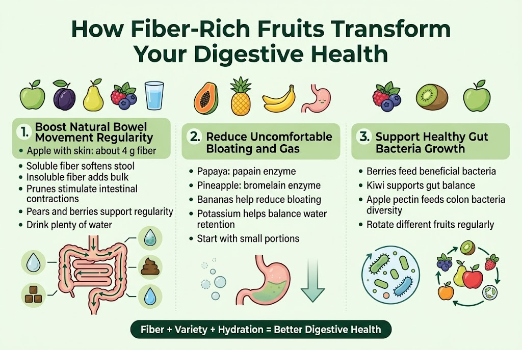 Create a clean, modern infographic illustration in a 3:2 landscape aspect ratio, full-bleed layout with no frame, using a white background with soft green, yellow, and blue accents. Place a bold headline across the top in a dark green sans-serif font: "How Fiber-Rich Fruits Transform Your Digestive Health". Under the title, arrange three wide horizontal sections or three side-by-side columns with clear section headers, each with a matching icon and concise bullet points. Use a professional medical/nutrition infographic style, flat vector icons, subtle gradients, and strong visual hierarchy.

SECTION 1 — left side, icon of an apple, prunes, pear, berries, and a water glass:
Header text: "1. Boost Natural Bowel Movement Regularity"
Add short bullet text:
- "Apple with skin: about 4 g fiber"
- "Soluble fiber softens stool"
- "Insoluble fiber adds bulk"
- "Prunes stimulate intestinal contractions"
- "Pears and berries support regularity"
- "Drink plenty of water"
Show a simple digestive tract arrow flow graphic with waste moving smoothly through intestines, plus small icons for a gel droplet, stool bulk blocks, and a water drop.

SECTION 2 — center, icon of papaya, pineapple, banana, and a calm stomach:
Header text: "2. Reduce Uncomfortable Bloating and Gas"
Add short bullet text:
- "Papaya: papain enzyme"
- "Pineapple: bromelain enzyme"
- "Bananas help reduce bloating"
- "Potassium helps balance water retention"
- "Start with small portions"
Show visual symbols of reduced gas: small fading bubbles, a relaxed stomach, and a gentle downward arrow.

SECTION 3 — right side, icon of berries, kiwi, and apple with a healthy gut microbiome:
Header text: "3. Support Healthy Gut Bacteria Growth"
Add short bullet text:
- "Berries feed beneficial bacteria"
- "Kiwi supports gut balance"
- "Apple pectin feeds colon bacteria"
- "Fruits support microbiome diversity"
- "Rotate different fruits regularly"
Show a stylized gut microbiome scene with friendly bacteria icons, diverse fruit icons, and a balanced ecosystem circle.

Add a small bottom banner in dark green with white text: "Fiber + Variety + Hydration = Better Digestive Health"
Use clean sans-serif typography, bold section headers, readable body text, and clear spacing. Include small numbered circles 1, 2, and 3 for each section. Keep the layout wide, uncluttered, and visually balanced.