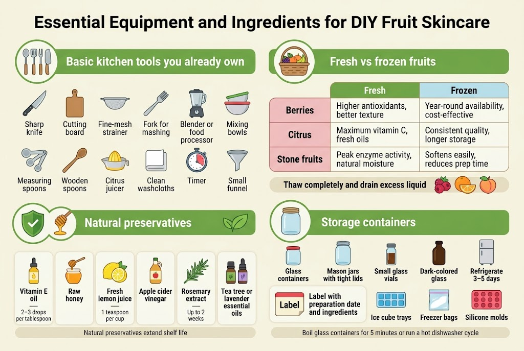 Create a clean, professional full-bleed infographic in a 3:2 landscape aspect ratio with a light cream background, fresh green accents, berry red highlights, citrus orange details, and dark charcoal text. Use modern sans-serif fonts with a bold headline at the top and clear visual hierarchy. Arrange content in wide horizontal sections with icons, not a vertical poster.

Top center headline in large bold text: "Essential Equipment and Ingredients for DIY Fruit Skincare"

Below the title, divide the infographic into four wide sections across the page with colored headers and simple flat vector icons:

1) Left wide section with a kitchen tools icon cluster and the header: "Basic kitchen tools you already own"
Include a neat grid of small icons with labels:
- "Sharp knife"
- "Cutting board"
- "Fine-mesh strainer"
- "Fork for mashing"
- "Blender or food processor"
- "Mixing bowls"
- "Measuring spoons"
- "Wooden spoons"
- "Citrus juicer"
- "Clean washcloths"
- "Timer"
- "Small funnel"

2) Upper right section with a fruit basket icon and the header: "Fresh vs frozen fruits"
Use a side-by-side comparison table with two columns labeled "Fresh" and "Frozen", and rows for:
- "Berries" — Fresh: "Higher antioxidants, better texture" / Frozen: "Year-round availability, cost-effective"
- "Citrus" — Fresh: "Maximum vitamin C, fresh oils" / Frozen: "Consistent quality, longer storage"
- "Stone fruits" — Fresh: "Peak enzyme activity, natural moisture" / Frozen: "Softens easily, reduces prep time"
Add a small callout box beneath the table with bold text: "Thaw completely and drain excess liquid"
Include small icons of berries, orange slices, and peaches.

3) Lower left section with a shield, honey dipper, and leaf icons and the header: "Natural preservatives"
Show a row of ingredient cards with short labels and exact dosage text:
- "Vitamin E oil" — "2–3 drops per tablespoon"
- "Raw honey"
- "Fresh lemon juice" — "1 teaspoon per cup"
- "Apple cider vinegar"
- "Rosemary extract" — "Up to 2 weeks"
- "Tea tree or lavender essential oils"
Add small subtext on the section footer: "Natural preservatives extend shelf life"

4) Lower right section with glass jar and fridge icons and the header: "Storage containers"
Show illustrated containers with labels:
- "Glass containers"
- "Mason jars with tight lids"
- "Small glass vials"
- "Dark-colored glass"
- "Refrigerate 3–5 days"
- "Label with preparation date and ingredients"
- "Ice cube trays"
- "Freezer bags"
- "Silicone molds"
Add a small sterilization callout with bold text: "Boil glass containers for 5 minutes or run a hot dishwasher cycle"

Use clear dividing lines, rounded cards, and subtle shadows. Keep the layout balanced and readable, with icons aligned to each label. No photo realism; use crisp flat infographic vector illustration style. Ensure all text appears exactly as written and is legible.