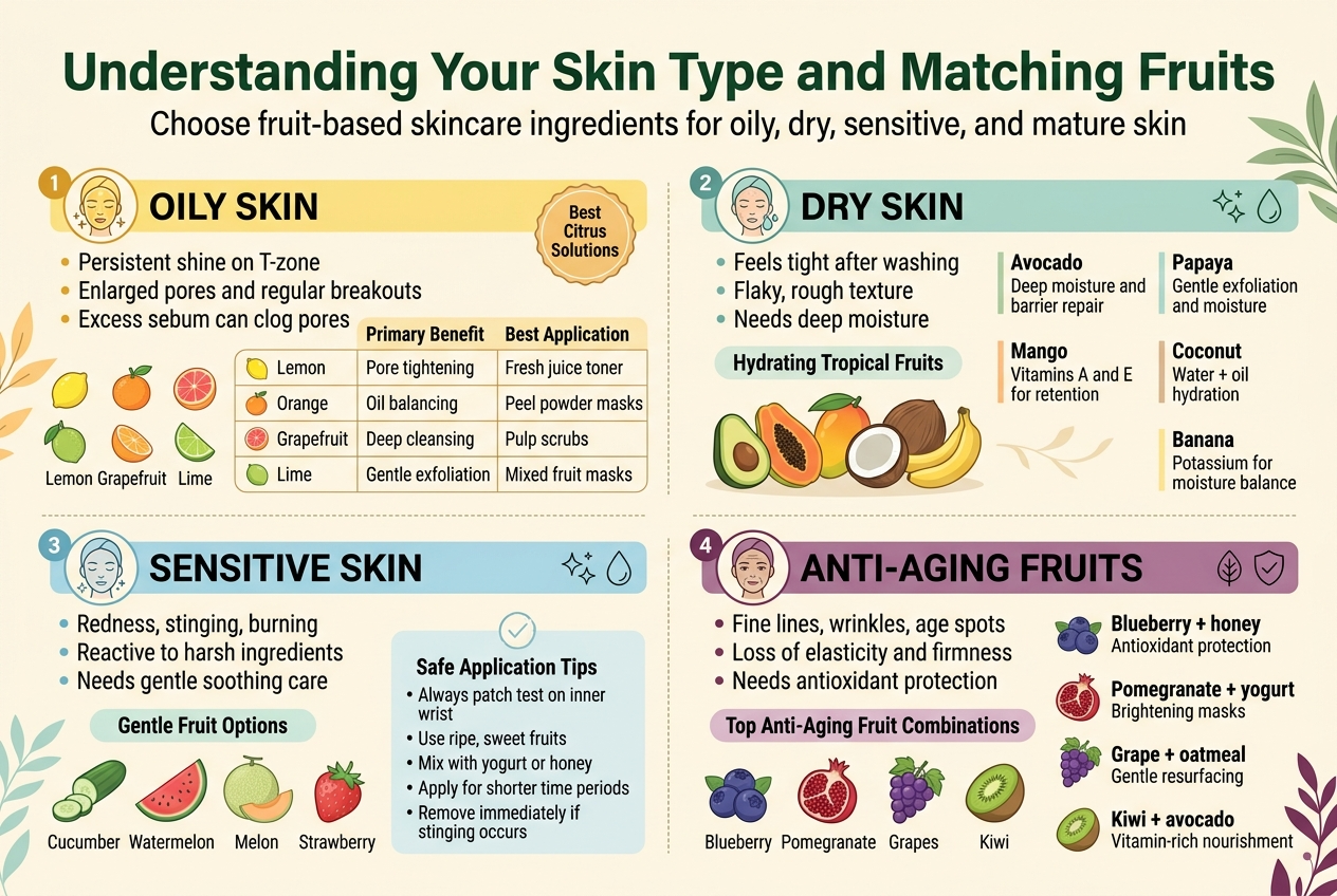 Create a full-bleed 3:2 infographic illustration with a clean modern editorial style, bright natural colors, and clear typography. Use a wide horizontal layout with four main content sections arranged in a 2x2 grid beneath a bold top header. Background in soft cream with subtle botanical accents, fruit illustrations, and thin divider lines. Use sans-serif fonts: bold dark green title, smaller dark gray body text, colored section headers.

Top header across full width:
Large bold title centered at the top: "Understanding Your Skin Type and Matching Fruits"
Subtitle beneath in smaller text: "Choose fruit-based skincare ingredients for oily, dry, sensitive, and mature skin"

Section 1 in upper left, with a shiny face icon and citrus fruit illustrations:
Header text: "OILY SKIN"
Short description bullets:
- "Persistent shine on T-zone"
- "Enlarged pores and regular breakouts"
- "Excess sebum can clog pores"
Add a small circular badge labeled: "Best Citrus Solutions"
Include a neat 4-row mini table with icons:
"Fruit | Primary Benefit | Best Application"
"🍋 Lemon | Pore tightening | Fresh juice toner"
"🍊 Orange | Oil balancing | Peel powder masks"
"🍊 Grapefruit | Deep cleansing | Pulp scrubs"
"🍈 Lime | Gentle exfoliation | Mixed fruit masks"
Use yellow-orange accents and small icons of lemon, orange, grapefruit, and lime.

Section 2 in upper right, with a hydrated face and tropical fruit illustrations:
Header text: "DRY SKIN"
Short description bullets:
- "Feels tight after washing"
- "Flaky, rough texture"
- "Needs deep moisture"
Add a label: "Hydrating Tropical Fruits"
Show illustrated fruits grouped together: avocado, papaya, mango, coconut, banana.
Include four short benefit callouts:
"Avocado | Deep moisture and barrier repair"
"Papaya | Gentle exfoliation and moisture"
"Mango | Vitamins A and E for retention"
"Coconut | Water + oil hydration"
"Banana | Potassium for moisture balance"
Use soft teal, peach, and cream colors.

Section 3 in lower left, with a calm face icon and cooling fruit illustrations:
Header text: "SENSITIVE SKIN"
Short description bullets:
- "Redness, stinging, burning"
- "Reactive to harsh ingredients"
- "Needs gentle soothing care"
Add label: "Gentle Fruit Options"
Show cucumber, watermelon, melon, and strawberry icons.
Include a small tip box titled: "Safe Application Tips"
Bullets:
- "Always patch test on inner wrist"
- "Use ripe, sweet fruits"
- "Mix with yogurt or honey"
- "Apply for shorter time periods"
- "Remove immediately if stinging occurs"
Use soft blue, mint, and pale pink accents.

Section 4 in lower right, with a mature face icon and antioxidant fruit illustrations:
Header text: "ANTI-AGING FRUITS"
Short description bullets:
- "Fine lines, wrinkles, age spots"
- "Loss of elasticity and firmness"
- "Needs antioxidant protection"
Add label: "Top Anti-Aging Fruit Combinations"
Show blueberries, pomegranate, grapes, and kiwi icons.
Include four combination callouts:
"Blueberry + honey | Antioxidant protection"
"Pomegranate + yogurt | Brightening masks"
"Grape + oatmeal | Gentle resurfacing"
"Kiwi + avocado | Vitamin-rich nourishment"
Use deep purple, berry red, and emerald accents.

Add small decorative icons for skincare: sparkle, droplet, leaf, and shield. Use clear section numbering markers 1, 2, 3, 4 beside each quadrant. Keep all text legible, evenly spaced, and aligned in a professional infographic layout with wide margins removed and content filling the full canvas.