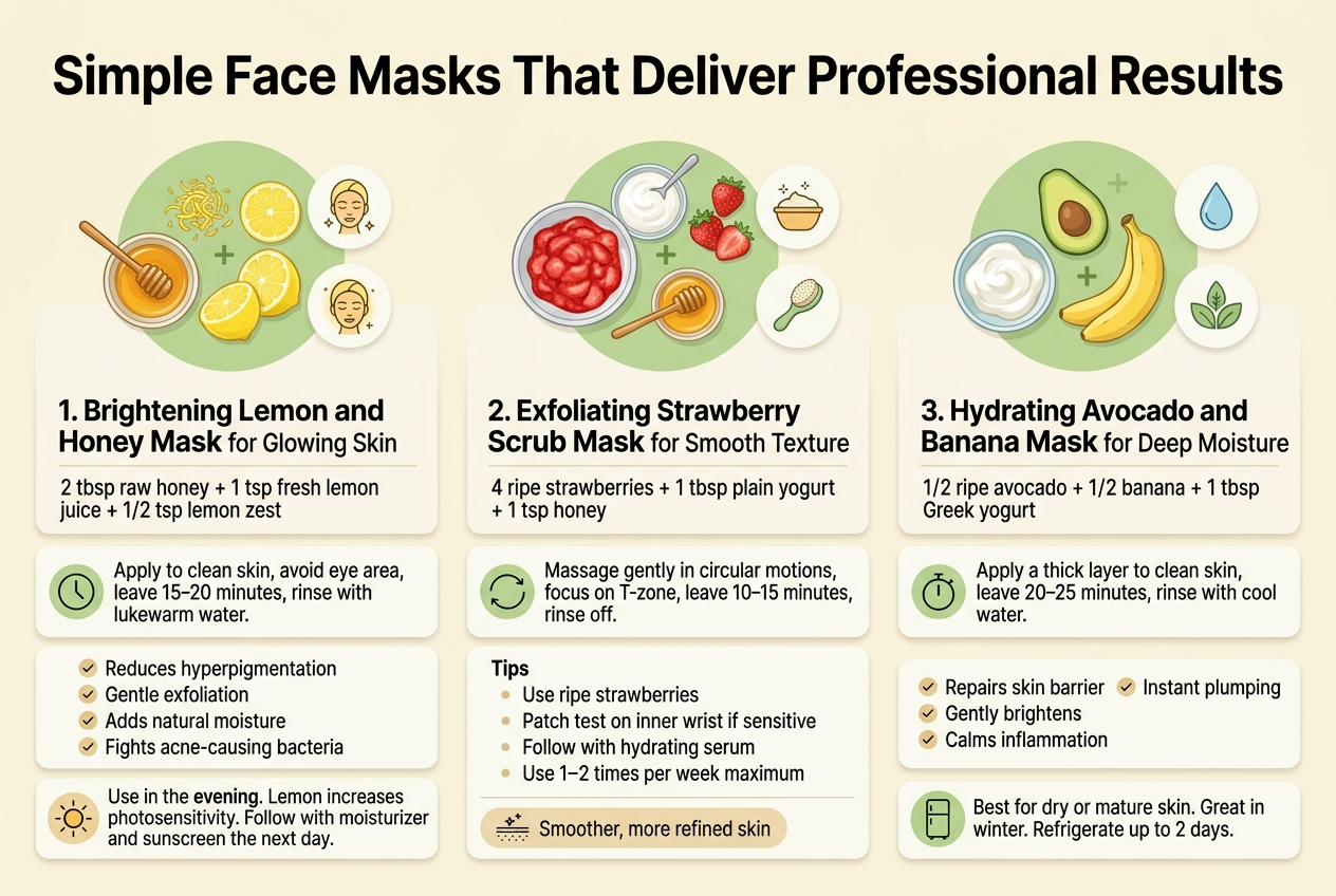 Create a clean, modern skincare infographic in a full-bleed 3:2 landscape layout with a soft cream background, fresh green and golden yellow accents, and elegant sans-serif typography. Place a bold large title across the top: "Simple Face Masks That Deliver Professional Results". Under the title, arrange three wide horizontal recipe panels across the page in a balanced multi-column layout, each with a circular ingredient illustration, a numbered label, and short text blocks.

Left panel, titled in bold: "1. Brightening Lemon and Honey Mask for Glowing Skin". Show a small bowl with honey, lemon slices, lemon zest, and a glowing face icon. Include a short ingredients line: "2 tbsp raw honey + 1 tsp fresh lemon juice + 1/2 tsp lemon zest". Add a step block with a clock icon: "Apply to clean skin, avoid eye area, leave 15–20 minutes, rinse with lukewarm water." Add a benefits block with four small check icons: "Reduces hyperpigmentation", "Gentle exfoliation", "Adds natural moisture", "Fights acne-causing bacteria". Add a warning line with a sun icon: "Use in the evening. Lemon increases photosensitivity. Follow with moisturizer and sunscreen the next day."

Center panel, titled in bold: "2. Exfoliating Strawberry Scrub Mask for Smooth Texture". Show a bowl of mashed strawberries, yogurt, honey, and a gentle scrub brush icon. Include a short ingredients line: "4 ripe strawberries + 1 tbsp plain yogurt + 1 tsp honey". Add a step block with a circular motion arrow icon: "Massage gently in circular motions, focus on T-zone, leave 10–15 minutes, rinse off." Add a tips block with small bullet icons: "Use ripe strawberries", "Patch test on inner wrist if sensitive", "Follow with hydrating serum", "Use 1–2 times per week maximum". Add a small result callout badge: "Smoother, more refined skin".

Right panel, titled in bold: "3. Hydrating Avocado and Banana Mask for Deep Moisture". Show a bowl with avocado, banana, and yogurt, plus a water drop icon and a spa leaf icon. Include a short ingredients line: "1/2 ripe avocado + 1/2 banana + 1 tbsp Greek yogurt". Add a step block with a timer icon: "Apply a thick layer to clean skin, leave 20–25 minutes, rinse with cool water." Add a benefits block with four small check icons: "Repairs skin barrier", "Gently brightens", "Calms inflammation", "Instant plumping". Add a small note box with a refrigerator icon: "Best for dry or mature skin. Great in winter. Refrigerate up to 2 days."

Use clear section dividers, subtle shadowed cards, and small matching skincare icons for each benefit and tip. Keep text concise, legible, and well-spaced. Emphasize the hierarchy with bold headings, medium-sized subheads, and smaller body text. Include only the exact visible text specified above.
