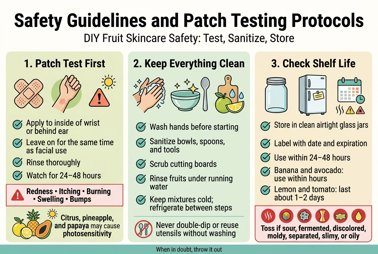 Create a clean professional infographic illustration in aspect ratio 3:2, full-bleed edge-to-edge, with a bright natural skincare aesthetic in soft greens, citrus yellow, cream, and teal accents. Use modern sans-serif fonts with strong hierarchy, bold black title at top, and clear section blocks arranged in three wide horizontal columns across the page, avoiding a narrow centered poster layout.

Top header across the full width:
"Safety Guidelines and Patch Testing Protocols"
Subheader underneath in smaller text:
"DIY Fruit Skincare Safety: Test, Sanitize, Store"

Main layout: three large side-by-side panels with icons and numbered steps.

Left panel title:
"1. Patch Test First"
Use a skin patch icon, wrist icon, and small warning triangle icon.
Include 4 short bullets with check icons:
"Apply to inside of wrist or behind ear"
"Leave on for the same time as facial use"
"Rinse thoroughly"
"Watch for 24–48 hours"
Add a small red caution box at the bottom with the text:
"Redness • Itching • Burning • Swelling • Bumps"
Include a small citrus/pineapple/papaya icon cluster with a sun icon and the text:
"Citrus, pineapple, and papaya may cause photosensitivity"

Center panel title:
"2. Keep Everything Clean"
Use icons of washed hands, sanitized bowl, spoon, cutting board, and fresh fruit with water drops.
Include 5 short bullets with check icons:
"Wash hands before starting"
"Sanitize bowls, spoons, and tools"
"Scrub cutting boards"
"Rinse fruits under running water"
"Keep mixtures cold; refrigerate between steps"
Add a small crossed-out double-dip utensil icon and the text:
"Never double-dip or reuse utensils without washing"

Right panel title:
"3. Check Shelf Life"
Use icons of a glass jar, fridge, calendar, smell lines, and spoilage warning symbols.
Include 5 short bullets with check icons:
"Store in clean airtight glass jars"
"Label with date and expiration"
"Use within 24–48 hours"
"Banana and avocado: use within hours"
"Lemon and tomato: last about 1–2 days"
Add a warning strip at the bottom with red icons for sour smell, color change, mold, separation, slimy texture, and oily film.
Text in the warning strip:
"Toss if sour, fermented, discolored, moldy, separated, slimy, or oily"

Add a thin footer bar across the bottom with small text:
"When in doubt, throw it out"

Use clean vector-style illustrations, crisp outlines, balanced spacing, and a polished medical-beauty editorial look. Make the section headings bold and the warning text in red. Ensure all text is legible and neatly aligned within the three wide panels.