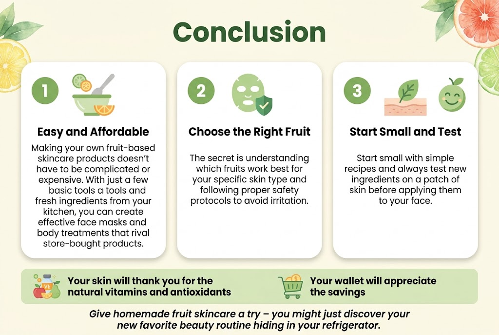 Full-bleed clean professional infographic illustration, aspect ratio 3:2, bright natural wellness style with soft cream background, fresh green and citrus accents, subtle watercolor fruit elements, modern sans-serif fonts, clear visual hierarchy.

Top center: large bold heading in dark green text, exact words: "Conclusion"

Below the heading, a wide 3-column horizontal section with three rounded content blocks, each with a numbered circle icon and a simple flat icon above or beside the text.

Left block:
- Green circle with "1"
- Small icon of a mixing bowl, spoon, and sliced fruit
- Bold subheading text: "Easy and Affordable"
- Body text: "Making your own fruit-based skincare products doesn't have to be complicated or expensive. With just a few basic tools and fresh ingredients from your kitchen, you can create effective face masks and body treatments that rival store-bought products."

Center block:
- Green circle with "2"
- Small icon of a face mask and shield/check symbol
- Bold subheading text: "Choose the Right Fruit"
- Body text: "The secret is understanding which fruits work best for your specific skin type and following proper safety protocols to avoid irritation."

Right block:
- Green circle with "3"
- Small icon of a patch test on skin and a smiling leaf/fruit
- Bold subheading text: "Start Small and Test"
- Body text: "Start small with simple recipes and always test new ingredients on a patch of skin before applying them to your face."

Bottom full-width banner with soft pale green background and a small cluster of fruits and vitamins icons on the left, shopping savings icon on the right, with two short callout lines in bold:
- "Your skin will thank you for the natural vitamins and antioxidants"
- "Your wallet will appreciate the savings"

Bottom center closing line in slightly larger italic or friendly bold text:
"Give homemade fruit skincare a try – you might just discover your new favorite beauty routine hiding in your refrigerator."

Use balanced spacing, crisp typography, clean alignment, soft shadows, no border frame, no clutter.