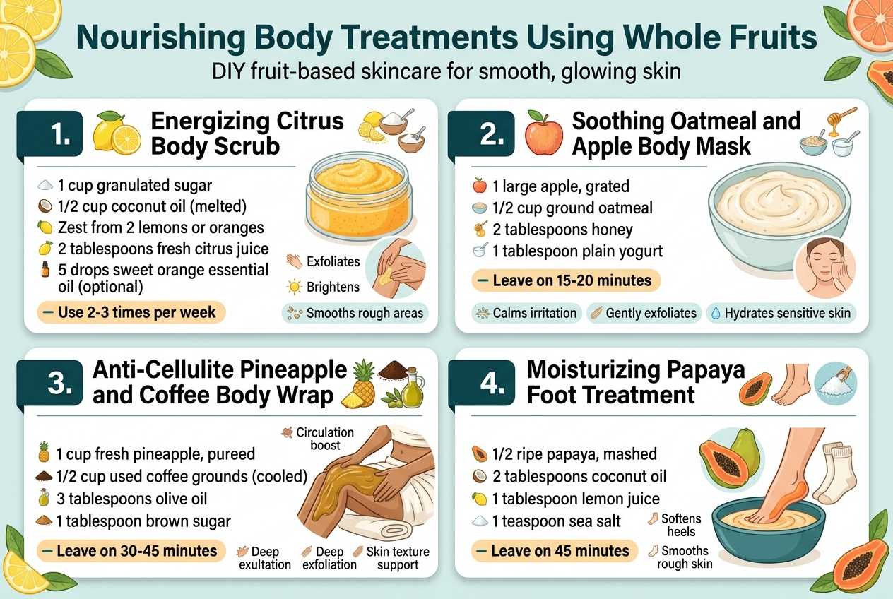 Create a full-bleed 3:2 infographic illustration with a clean modern wellness aesthetic, bright natural colors, and a professional editorial layout. Use a wide horizontal composition with four clearly separated recipe panels arranged in a 2x2 grid, each with a bold number badge, a fruit icon, ingredient list, and short usage notes. Top header spans full width.

TOP HEADER:
Large bold title centered across the top: "Nourishing Body Treatments Using Whole Fruits"
Subheading beneath in smaller clean sans-serif: "DIY fruit-based skincare for smooth, glowing skin"

COLOR PALETTE:
Fresh citrus yellow, soft orange, creamy white, light green, oatmeal beige, coconut white, coffee brown, papaya coral, and deep teal accents. Use crisp sans-serif fonts with strong hierarchy; title in bold dark teal, section headings in dark charcoal.

SECTION 1 — TOP LEFT PANEL:
Heading: "1. Energizing Citrus Body Scrub"
Small icon cluster: lemon slices, sugar crystals, and a bowl.
Ingredients list with small bullet icons:
"1 cup granulated sugar"
"1/2 cup coconut oil (melted)"
"Zest from 2 lemons or oranges"
"2 tablespoons fresh citrus juice"
"5 drops sweet orange essential oil (optional)"
Add a short highlight line in a colored callout:
"Use 2-3 times per week"
Add small action labels with tiny icons:
"Exfoliates"
"Brightens"
"Smooths rough areas"
Include a visual of a jar or bowl with yellow-orange scrub and a hand applying it to elbows and knees.

SECTION 2 — TOP RIGHT PANEL:
Heading: "2. Soothing Oatmeal and Apple Body Mask"
Small icon cluster: grated apple, oatmeal bowl, honey drizzle, yogurt spoon.
Ingredients list:
"1 large apple, grated"
"1/2 cup ground oatmeal"
"2 tablespoons honey"
"1 tablespoon plain yogurt"
Add a short highlight line:
"Leave on 15-20 minutes"
Add small benefit labels:
"Calms irritation"
"Gently exfoliates"
"Hydrates sensitive skin"
Include a soft cream-colored mask texture in a bowl and a subtle skin-soothing visual with a face/skin patch or arm illustration.

SECTION 3 — BOTTOM LEFT PANEL:
Heading: "3. Anti-Cellulite Pineapple and Coffee Body Wrap"
Small icon cluster: pineapple wedge, coffee grounds, olive oil bottle, wrapped thigh silhouette.
Ingredients list:
"1 cup fresh pineapple, pureed"
"1/2 cup used coffee grounds (cooled)"
"3 tablespoons olive oil"
"1 tablespoon brown sugar"
Add a short highlight line:
"Leave on 30-45 minutes"
Add small benefit labels:
"Circulation boost"
"Deep exfoliation"
"Skin texture support"
Include a visual of thick brown-gold wrap mixture being applied to thighs and wrapped with towels.

SECTION 4 — BOTTOM RIGHT PANEL:
Heading: "4. Moisturizing Papaya Foot Treatment"
Small icon cluster: papaya halves, foot, cotton socks, sea salt.
Ingredients list:
"1/2 ripe papaya, mashed"
"2 tablespoons coconut oil"
"1 tablespoon lemon juice"
"1 teaspoon sea salt"
Add a short highlight line:
"Leave on 45 minutes"
Add small benefit labels:
"Softens heels"
"Deep moisture"
"Smooths rough skin"
Include a visual of a foot soak bowl, papaya mask on heels, and cozy cotton socks.

LAYOUT DETAILS:
Use thin dividing lines and rounded card panels with subtle shadows. Place ingredients in neat left-aligned bullet lists inside each panel. Add small decorative fruit slices and leaves near the corners. Make the infographic easy to scan, with clear spacing and balanced symmetry. No extra text beyond the title, subheading, section headings, ingredient lists, and highlight labels shown above.