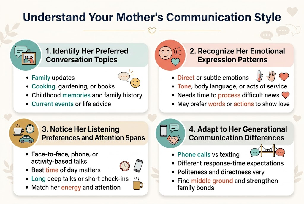 Create a clean professional full-bleed infographic in a 3:2 aspect ratio with a warm modern family-communication theme. Use a white background with soft pastel accents in teal, coral, warm gold, and light gray. Use a bold sans-serif headline at the top center in dark navy text: "Understand Your Mother's Communication Style". Place a thin decorative line and small heart icon beneath the title.

Arrange the content in four wide horizontal sections across the page, using a 2x2 grid of rounded rectangular blocks with subtle shadows. Each block should have a colored circular icon at the left of its heading, a large numbered marker, and short bullet points. Use clear visual hierarchy with bold section headings and smaller body text.

Section 1, top left: heading "1. Identify Her Preferred Conversation Topics" with an icon of speech bubbles and a family photo frame. Include bullets:
"Family updates"
"Cooking, gardening, or books"
"Childhood memories and family history"
"Current events or life advice"
Add a small visual cue of a conversation spark or smiling face.

Section 2, top right: heading "2. Recognize Her Emotional Expression Patterns" with an icon of a face, tone lines, and a heart. Include bullets:
"Direct or subtle emotions"
"Tone, body language, or acts of service"
"Needs time to process difficult news"
"May prefer words or actions to show love"
Add small icons for a thermometer, hand, and heart.

Section 3, bottom left: heading "3. Notice Her Listening Preferences and Attention Spans" with an icon of a coffee cup, car, and clock. Include bullets:
"Face-to-face, phone, or activity-based talks"
"Best time of day matters"
"Long deep talks or short check-ins"
"Match her energy and attention"
Add small symbols of a clock, phone, and coffee mug.

Section 4, bottom right: heading "4. Adapt to Her Generational Communication Differences" with an icon of a phone, text message bubble, and handshake. Include bullets:
"Phone calls vs texting"
"Different response-time expectations"
"Politeness and directness vary"
"Find middle ground and strengthen family bonds"
Add a small bridge graphic connecting two speech bubbles.

Use tidy alignment, generous spacing, and readable dark text on light panels. Highlight key words in teal and coral. Include subtle background motifs of leaves, hearts, and conversation bubbles across the layout, but keep the design uncluttered. No people, no photo collage, no vertical poster layout.