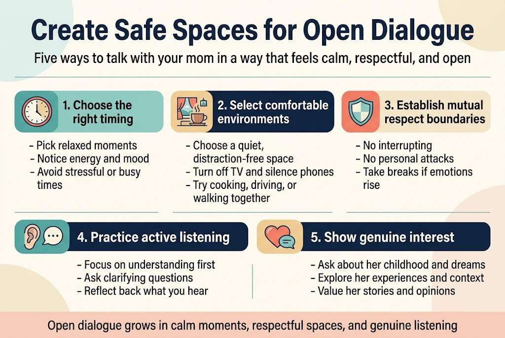 Create a clean professional infographic illustration in a 3:2 aspect ratio, full-bleed layout with no frame or inset margins. Use a soft modern color palette of teal, navy, warm cream, and coral accents. Use bold sans-serif typography for the title and clear readable sans-serif body text. 

Top header spanning the full width:
Title in large bold text: "Create Safe Spaces for Open Dialogue"
Subtitle in smaller text: "Five ways to talk with your mom in a way that feels calm, respectful, and open"

Below the header, arrange 5 wide horizontal feature blocks in a two-row layout: 3 blocks across the top row and 2 larger blocks across the bottom row. Each block has a colored icon on the left, a bold numbered heading, and 2–3 short bullet points.

Block 1, top left, with a clock icon:
"1. Choose the right timing"
- "Pick relaxed moments"
- "Notice energy and mood"
- "Avoid stressful or busy times"

Block 2, top center, with a cozy room / coffee cup icon:
"2. Select comfortable environments"
- "Choose a quiet, distraction-free space"
- "Turn off TV and silence phones"
- "Try cooking, driving, or walking together"

Block 3, top right, with a shield icon:
"3. Establish mutual respect boundaries"
- "No interrupting"
- "No personal attacks"
- "Take breaks if emotions rise"

Block 4, bottom left, with an ear and speech bubble icon:
"4. Practice active listening"
- "Focus on understanding first"
- "Ask clarifying questions"
- "Reflect back what you hear"

Block 5, bottom right, with a heart and conversation icon:
"5. Show genuine interest"
- "Ask about her childhood and dreams"
- "Explore her experiences and context"
- "Value her stories and opinions"

Add a slim footer strip across the bottom with a soft accent color and the quote:
"Open dialogue grows in calm moments, respectful spaces, and genuine listening"

Use subtle background shapes, gentle line dividers, and simple flat icons. Keep the composition balanced, airy, and easy to scan, with strong visual hierarchy and clear spacing between sections.