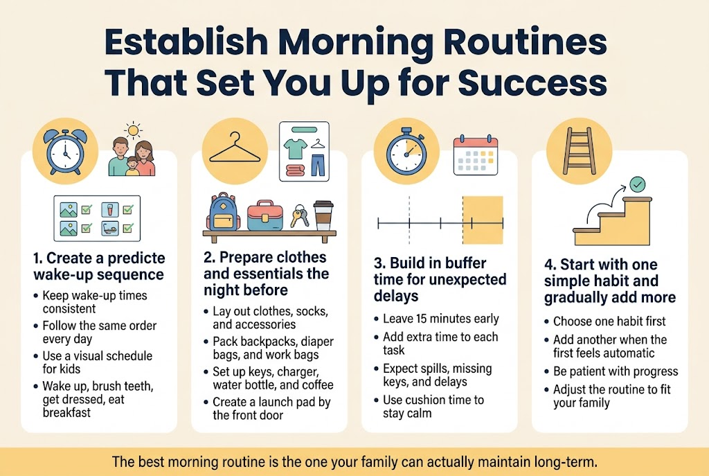 Create a clean, professional full-bleed infographic in a 3:2 aspect ratio about morning routines for moms and families, using a modern flat vector style with soft pastel colors, white background, navy and teal headings, warm yellow accents, and simple rounded sans-serif fonts. Place a bold large title across the top: "Establish Morning Routines That Set You Up for Success". Use a wide horizontal layout with four equal sections across the canvas, each in a rounded rectangle block with an icon and a numbered heading.

Section 1 on the left: a blue alarm clock icon and a small family morning icon. Heading: "1. Create a predictable wake-up sequence". Include short bullet text: "Keep wake-up times consistent", "Follow the same order every day", "Use a visual schedule for kids", "Wake up, brush teeth, get dressed, eat breakfast". Show a simple checklist chart with picture icons and check marks.

Section 2 left-center: a clothes hanger icon, backpack, lunchbox, keys, and coffee cup. Heading: "2. Prepare clothes and essentials the night before". Include short bullet text: "Lay out clothes, socks, and accessories", "Pack backpacks, diaper bags, and work bags", "Set up keys, charger, water bottle, and coffee", "Create a launch pad by the front door". Show neatly arranged items on a shelf and a door-side tray.

Section 3 right-center: a stopwatch icon and a small calendar. Heading: "3. Build in buffer time for unexpected delays". Include short bullet text: "Leave 15 minutes early", "Add extra time to each task", "Expect spills, missing keys, and delays", "Use cushion time to stay calm". Show a simple timeline with a margin of extra time highlighted in yellow.

Section 4 on the right: a single stepping-stone or ladder icon with a small checkmark arrow. Heading: "4. Start with one simple habit and gradually add more". Include short bullet text: "Choose one habit first", "Add another when the first feels automatic", "Be patient with progress", "Adjust the routine to fit your family". Show a small habit-stacking staircase with three steps.

Add a thin footer bar across the bottom with the centered sentence: "The best morning routine is the one your family can actually maintain long-term." Use clear icons, generous spacing, subtle divider lines between sections, and a balanced infographic composition with no vertical poster frame and no crowded center stack.
