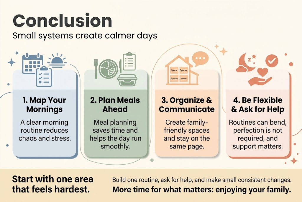 Create a clean, professional full-bleed infographic in a 3:2 aspect ratio with a soft warm family-friendly palette of dusty blue, sage green, peach, cream, and charcoal text. Use modern sans-serif fonts with a bold large title at the top left.

Top header:
- Large bold heading text: "Conclusion"
- Smaller subtitle beneath: "Small systems create calmer days"

Main layout: a wide horizontal 4-section infographic across the center, each section in its own rounded rectangle block with a subtle shadow, evenly spaced left to right. Use simple flat icons above each section title.

Section 1 on the left:
- Icon: a calendar, checklist, and sunrise in one simple blue icon
- Title text: "1. Map Your Mornings"
- Body text: "A clear morning routine reduces chaos and stress."

Section 2 left-center:
- Icon: a meal plate, shopping list, and prep container in sage green
- Title text: "2. Plan Meals Ahead"
- Body text: "Meal planning saves time and helps the day run smoothly."

Section 3 right-center:
- Icon: a house with labeled spaces and a speech bubble in peach
- Title text: "3. Organize & Communicate"
- Body text: "Create family-friendly spaces and stay on the same page."

Section 4 on the right:
- Icon: a flexible bedtime moon, helping hand, and checkmark in warm coral
- Title text: "4. Be Flexible & Ask for Help"
- Body text: "Routines can bend, perfection is not required, and support matters."

Bottom band spanning full width:
- A soft cream banner with a bold takeaway sentence on the left:
  "Start with one area that feels hardest."
- Continue on the same band with smaller text:
  "Build one routine, ask for help, and make small consistent changes."
- Final emphasized line on the right with bold charcoal text:
  "More time for what matters: enjoying your family."

Add subtle decorative elements: small stars, dots, and gentle curved lines around the sections. Keep plenty of breathing room, balanced spacing, and clear hierarchy. Use aligned text, clean icons, and a polished infographic style. No frame border, no vertical poster layout, no clutter.