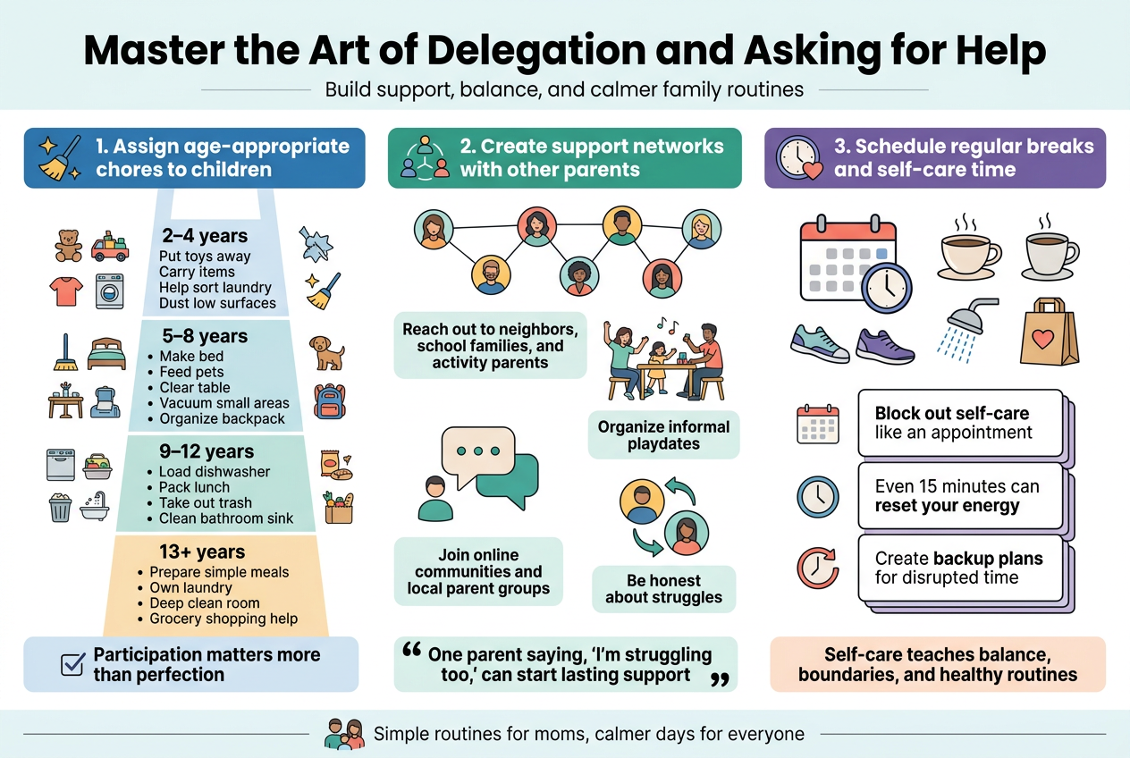 Create a clean, modern full-bleed infographic illustration in a 3:2 aspect ratio with a bright, family-friendly professional style. Use a white background with soft teal, coral, mustard, and navy accents, clear sans-serif typography, bold hierarchy, and simple flat icons.

Top header across the full width:
Large bold title centered at top: "Master the Art of Delegation and Asking for Help"
Small subtitle below in lighter text: "Build support, balance, and calmer family routines"

Main layout: three wide horizontal sections arranged side by side or in stacked wide bands with clear spacing, not a narrow vertical poster.

Section 1 on the left, titled with a blue label bar and a broom/star icon:
Heading: "1. Assign age-appropriate chores to children"
Show a family chore ladder graphic with four age blocks and small icons for toys, laundry, table setting, dishwasher, bed, snacks, cooking, groceries.
Include these age blocks with exact text:
"2–4 years"
"Put toys away"
"Carry items"
"Help sort laundry"
"Dust low surfaces"

"5–8 years"
"Make bed"
"Feed pets"
"Clear table"
"Vacuum small areas"
"Organize backpack"

"9–12 years"
"Load dishwasher"
"Pack lunch"
"Take out trash"
"Clean bathroom sink"

"13+ years"
"Prepare simple meals"
"Own laundry"
"Deep clean room"
"Grocery shopping help"

Add a small checklist note at the bottom of this section in a highlighted box:
"Participation matters more than perfection"

Section 2 in the center, titled with a green label bar and people/network icon:
Heading: "2. Create support networks with other parents"
Show a wide social network illustration with connected parent avatars, a playdate scene, a chat bubble, and a childcare swap icon.
Include these short callout boxes with exact text:
"Reach out to neighbors, school families, and activity parents"
"Organize informal playdates"
"Join online communities and local parent groups"
"Trade childcare for errands or self-care"
"Be honest about struggles"

Add a bold quote bubble near the bottom:
"One parent saying, 'I'm struggling too,' can start lasting support"

Section 3 on the right, titled with a purple label bar and clock/heart icon:
Heading: "3. Schedule regular breaks and self-care time"
Show a calendar, clock, coffee cup, walking shoes, shower, and takeout bag icons.
Use three stacked cards with exact text:
"Block out self-care like an appointment"
"Even 15 minutes can reset your energy"
"Create backup plans for disrupted time"

Add a supportive footer note in a soft accent box:
"Self-care teaches balance, boundaries, and healthy routines"

Bottom strip across the full width with a small family icon and subtle divider:
"Simple routines for moms, calmer days for everyone"

Use strong visual hierarchy, crisp iconography, neat alignment, and readable spacing. Keep all text exactly as written.
