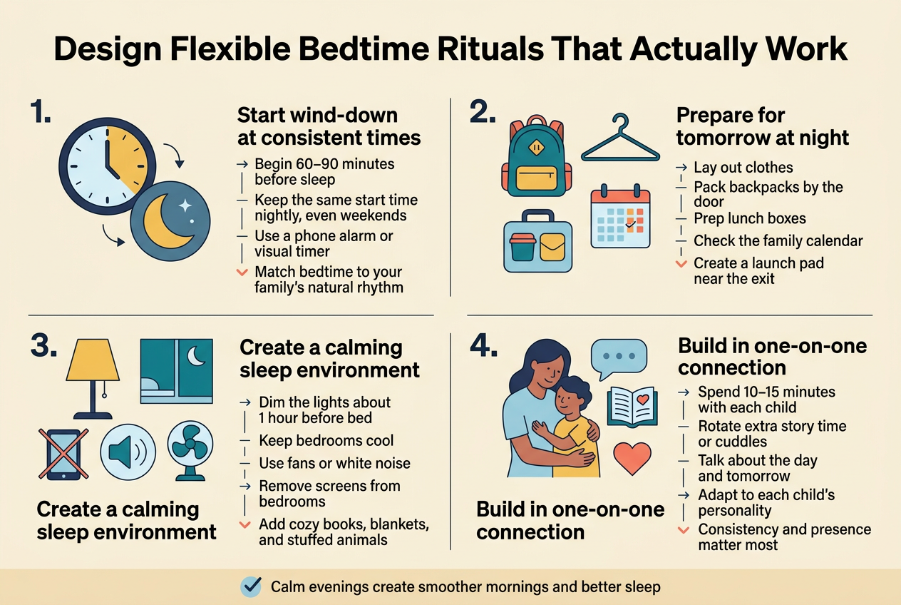 Create a clean professional infographic illustration in a 3:2 aspect ratio with a full-bleed layout, wide horizontal composition, and no inset frame. Use a soft family-friendly palette of navy, teal, warm yellow, light blue, and coral on a light cream background. Use modern sans-serif fonts with a bold headline at the top.

Top center headline in large bold text: "Design Flexible Bedtime Rituals That Actually Work"

Below the title, arrange four large numbered content blocks in a 2x2 grid across the wide canvas, each with a distinct icon and short text. Use clear section headers, simple supporting lines, and visual hierarchy. Include small arrow or checkmark accents.

Section 1, top left, with a clock icon and moon icon:
"1. Start wind-down at consistent times"
- "Begin 60–90 minutes before sleep"
- "Keep the same start time nightly, even weekends"
- "Use a phone alarm or visual timer"
- "Match bedtime to your family’s natural rhythm"

Section 2, top right, with a backpack, clothes hanger, lunchbox, and calendar icon:
"2. Prepare for tomorrow at night"
- "Lay out clothes"
- "Pack backpacks by the door"
- "Prep lunch boxes"
- "Check the family calendar"
- "Create a launch pad near the exit"

Section 3, bottom left, with a dim lamp, cool bedroom, fan, white noise, and crossed-out screen icon:
"3. Create a calming sleep environment"
- "Dim the lights about 1 hour before bed"
- "Keep bedrooms cool"
- "Use fans or white noise"
- "Remove screens from bedrooms"
- "Add cozy books, blankets, and stuffed animals"

Section 4, bottom right, with a parent and child hugging, speech bubble, storybook, and heart icon:
"4. Build in one-on-one connection"
- "Spend 10–15 minutes with each child"
- "Rotate extra story time or cuddles"
- "Talk about the day and tomorrow"
- "Adapt to each child’s personality"
- "Consistency and presence matter most"

Add a subtle footer strip across the bottom with a small checkmark icon and the text: "Calm evenings create smoother mornings and better sleep"

Use balanced spacing, bold section headers, readable body text, and clean iconography. Keep the design airy, organized, and visually engaging with strong contrast and simple shapes.