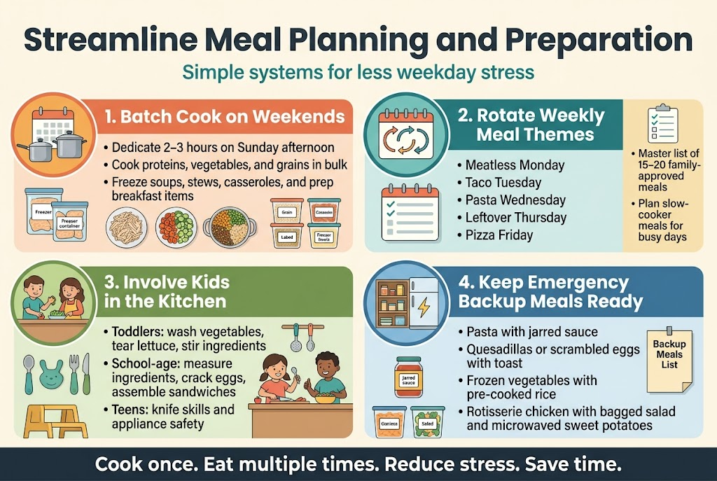 Aspect ratio 3:2, full-bleed clean professional infographic illustration, wide horizontal layout with no inset frame, soft warm kitchen color palette of teal, coral, golden yellow, cream, and dark slate text, modern sans-serif fonts with bold hierarchy.

Top header across full width: large bold title in dark slate text, "Streamline Meal Planning and Preparation", with a small subtitle underneath in teal, "Simple systems for less weekday stress".

Below the header, arrange four wide horizontal content blocks in a 2x2 grid with clear section labels, each with a colored circular icon on the left and short bullet text on the right.

Section 1, top left block: orange accent, icon of a calendar, pots, and freezer containers. Heading text: "1. Batch Cook on Weekends". Include three bullet lines:
"• Dedicate 2–3 hours on Sunday afternoon"
"• Cook proteins, vegetables, and grains in bulk"
"• Freeze soups, stews, casseroles, and prep breakfast items"
Add small visual food illustrations: shredded chicken, chopped vegetables, grain bowls, labeled containers.

Section 2, top right block: teal accent, icon of a weekly calendar with repeating arrows. Heading text: "2. Rotate Weekly Meal Themes". Include four bullet lines:
"• Meatless Monday"
"• Taco Tuesday"
"• Pasta Wednesday"
"• Leftover Thursday • Pizza Friday"
Add a small side strip with a checklist icon and text: "Master list of 15–20 family-approved meals" and "Plan slow-cooker meals for busy days".

Section 3, bottom left block: green accent, icon of children helping in a kitchen. Heading text: "3. Involve Kids in the Kitchen". Include three bullet lines:
"• Toddlers: wash vegetables, tear lettuce, stir ingredients"
"• School-age: measure ingredients, crack eggs, assemble sandwiches"
"• Teens: knife skills and appliance safety"
Include small visuals of a step stool, child-safe utensils, and happy kids at a counter.

Section 4, bottom right block: blue accent, icon of a pantry shelf and freezer with a lightning bolt. Heading text: "4. Keep Emergency Backup Meals Ready". Include four bullet lines:
"• Pasta with jarred sauce"
"• Quesadillas or scrambled eggs with toast"
"• Frozen vegetables with pre-cooked rice"
"• Rotisserie chicken with bagged salad and microwaved sweet potatoes"
Add small labeled containers and a cabinet note card that says "Backup Meals List".

Include a thin bottom footer band with a bold callout in dark slate text: "Cook once. Eat multiple times. Reduce stress. Save time."

Use clear icons, simple flat vector shapes, subtle shadows, strong spacing, aligned text blocks, and readable typography. No people in realistic style, no photo look, no vertical poster stack, no decorative clutter.