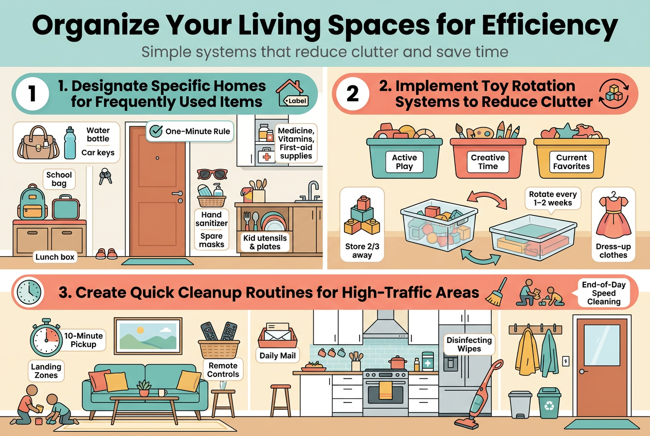 Create a clean, professional full-bleed infographic in a 3:2 landscape layout with a soft modern home-organizing palette of teal, coral, warm yellow, white, and light gray, using bold sans-serif typography and clear visual hierarchy.

Top header across the full width: large bold title text, "Organize Your Living Spaces for Efficiency" with a small subtitle beneath in lighter text, "Simple systems that reduce clutter and save time".

Below the header, divide the page into 3 wide horizontal sections with rounded rectangles and clear icons.

SECTION 1 on the upper left and center: title text, "1. Designate Specific Homes for Frequently Used Items" with a house-and-label icon. Show illustrated items placed into labeled storage spots: diaper bag, water bottle, and car keys near a front door; school bag and lunch box in an entryway cubby; sunglasses, hand sanitizer, and spare masks in a small basket by the door; kid utensils and plates in a lower kitchen drawer; medicine, vitamins, and first-aid supplies in a high labeled cabinet. Add a small badge with text, "One-Minute Rule" and a checkmark icon.

SECTION 2 on the upper right and center: title text, "2. Implement Toy Rotation Systems to Reduce Clutter" with a toy block and rotating arrows icon. Show three labeled bins arranged side by side: "Active Play", "Creative Time", and "Current Favorites". Include a visual of toys being swapped between clear storage bins and an under-bed storage box. Add small text callout: "Store 2/3 away" and "Rotate every 1–2 weeks". Include themed toy icons: building blocks, art supplies, dress-up clothes.

SECTION 3 across the bottom wide area: title text, "3. Create Quick Cleanup Routines for High-Traffic Areas" with a clock and broom icon. Show a living room, kitchen, and entryway in a split scene with small cleaning actions: a timer labeled "10-Minute Pickup", a basket for remote controls, a tray for daily mail, hooks for jackets, disinfecting wipes, a handheld vacuum, and small trash bins. Add two short callout labels: "Landing Zones" and "End-of-Day Speed Cleaning". Include small family icons picking up toys and returning items.

Use numbered circles 1, 2, 3 at the start of each section title. Keep text large, readable, and minimal. Use clean line icons, subtle shadows, and organized spacing. No frame border, no poster mockup, no extra decorative clutter.