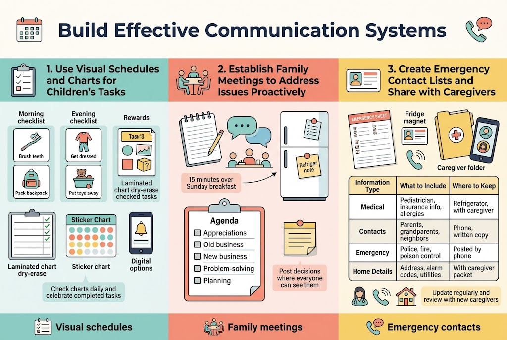 Create a full-bleed landscape infographic in a 3:2 aspect ratio with a clean modern family-organizing style, soft pastel palette of teal, coral, yellow, navy, and white, with bold sans-serif typography and clear section hierarchy. Add a large bold title at the top: "Build Effective Communication Systems". Use wide horizontal sections across the page, not a narrow vertical poster.

Top area: title centered in dark navy on a white or very light cream background, with small line icons of a calendar, speech bubbles, and an emergency phone beside the title.

Section 1 on the left third with a teal header bar and a clipboard/checklist icon: "1. Use Visual Schedules and Charts for Children's Tasks"
Include three small illustrated blocks beneath it with labels:
- "Morning checklist"
- "Evening checklist"
- "Rewards"
Show picture-style task cards with simple icons for "Brush teeth", "Get dressed", "Pack backpack", and "Put toys away". Add a laminated chart with dry-erase checkmarks, a sticker chart, and a small smartphone reminder icon labeled "Digital options". Add a small caption box: "Check charts daily and celebrate completed tasks"

Section 2 in the center third with a coral header bar and a family meeting icon of people around a table: "2. Establish Family Meetings to Address Issues Proactively"
Show a weekly meeting scene at Sunday breakfast with a notepad, speaking bubbles, and a refrigerator note. Include a simple agenda list in a neat box:
- "Appreciations"
- "Old business"
- "New business"
- "Problem-solving"
- "Planning"
Add a small note box: "15 minutes over Sunday breakfast" and another box: "Post decisions where everyone can see them"

Section 3 on the right third with a yellow header bar and an emergency contact card icon: "3. Create Emergency Contact Lists and Share with Caregivers"
Show a printed emergency sheet, a fridge magnet, a caregiver folder, and a phone with shared contact photos. Include a clean three-row table styled as part of the infographic with these exact headings and entries:
"Information Type | What to Include | Where to Keep"
"Medical | Pediatrician, insurance info, allergies | Refrigerator, with caregiver"
"Contacts | Parents, grandparents, neighbors | Phone, written copy"
"Emergency | Police, fire, poison control | Posted by phone"
"Home Details | Address, alarm codes, utilities | With caregiver packet"
Add small supporting icons for a pediatrician, phone, house, fire extinguisher, and first aid kit. Include a small note box: "Update regularly and review with new caregivers"

Bottom strip across the full width with three small icon callouts and short text:
- "Visual schedules"
- "Family meetings"
- "Emergency contacts"
Use crisp spacing, aligned boxes, subtle shadows, and professional infographic styling with readable text, balanced composition, and no extra text beyond what is specified.