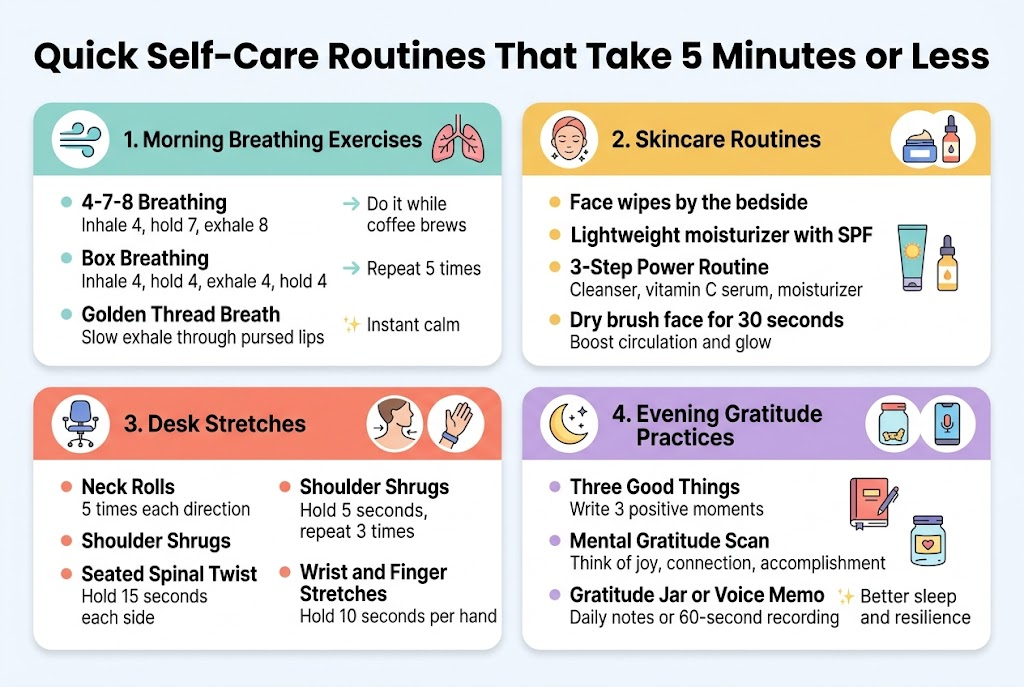 Create a clean, modern full-bleed infographic in a 3:2 aspect ratio with a soft pastel palette of teal, warm yellow, coral, and lavender, crisp white background, bold sans-serif heading, smaller readable body text, and colorful flat vector icons. Place a large title across the top: "Quick Self-Care Routines That Take 5 Minutes or Less". Use a wide 2x2 grid of four horizontal content blocks, each with a colored header bar, numbered label, icon, and short bullet points. Add subtle dividers, rounded cards, and clear visual hierarchy.

Top-left block: "1. Morning Breathing Exercises" with a breathing/lungs icon and three short items:
"4-7-8 Breathing"
"Inhale 4, hold 7, exhale 8"
"Do it while coffee brews"
"Box Breathing"
"Inhale 4, hold 4, exhale 4, hold 4"
"Repeat 5 times"
"Golden Thread Breath"
"Slow exhale through pursed lips"
"Instant calm"

Top-right block: "2. Skincare Routines" with a face, moisturizer, and serum icon and three short items:
"Face wipes by the bedside"
"Lightweight moisturizer with SPF"
"3-Step Power Routine"
"Cleanser, vitamin C serum, moisturizer"
"Dry brush face for 30 seconds"
"Boost circulation and glow"

Bottom-left block: "3. Desk Stretches" with a desk chair, neck, and wrist icons and three short items:
"Neck Rolls"
"5 times each direction"
"Shoulder Shrugs"
"Hold 5 seconds, repeat 3 times"
"Seated Spinal Twist"
"Hold 15 seconds each side"
"Wrist and Finger Stretches"
"Hold 10 seconds per hand"

Bottom-right block: "4. Evening Gratitude Practices" with moon, journal, jar, and phone voice memo icons and three short items:
"Three Good Things"
"Write 3 positive moments"
"Mental Gratitude Scan"
"Think of joy, connection, accomplishment"
"Gratitude Jar or Voice Memo"
"Daily notes or 60-second recording"
"Better sleep and resilience"

Use small illustrated accent icons beside each bullet, clean spacing, and a polished editorial infographic style. No extra text beyond the title, section headers, and bullet text.
