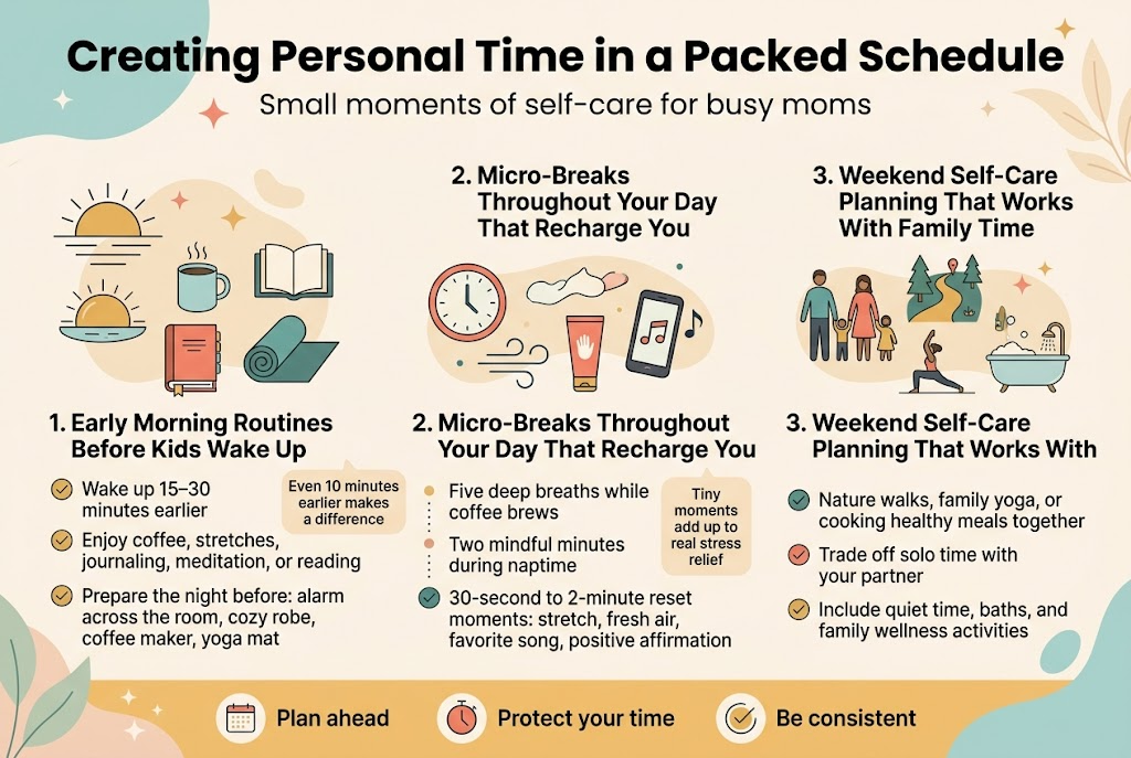 Create a clean, professional infographic illustration in a full-bleed 3:2 horizontal layout with a soft warm palette of teal, coral, gold, cream, and charcoal, using modern sans-serif fonts with bold section headings and clear visual hierarchy.

Top header across the full width:
Large bold title text: "Creating Personal Time in a Packed Schedule"
Subtitle beneath in smaller text: "Small moments of self-care for busy moms"

Below the header, divide the infographic into three wide horizontal content blocks or three balanced columns, each with a distinct icon and numbered label.

Section 1 on the left:
A sunrise, coffee mug, journal, and yoga mat icon cluster.
Heading text: "1. Early Morning Routines Before Kids Wake Up"
Use three short bullet points with small check icons:
"Wake up 15–30 minutes earlier"
"Enjoy coffee, stretches, journaling, meditation, or reading"
"Prepare the night before: alarm across the room, cozy robe, coffee maker, yoga mat"
Include a small highlighted callout box: "Even 10 minutes earlier makes a difference"

Section 2 in the center:
A clock, breathing lines, hand cream tube, and phone music note icon cluster.
Heading text: "2. Micro-Breaks Throughout Your Day That Recharge You"
Use three short bullet points with small dots or checkmarks:
"Five deep breaths while coffee brews"
"Two mindful minutes during naptime"
"30-second to 2-minute reset moments: stretch, fresh air, favorite song, positive affirmation"
Include a small callout box: "Tiny moments add up to real stress relief"

Section 3 on the right:
A family, walking trail, yoga pose, and bath icon cluster.
Heading text: "3. Weekend Self-Care Planning That Works With Family Time"
Use three short bullet points with small check icons:
"Nature walks, family yoga, or cooking healthy meals together"
"Trade off solo time with your partner"
"Include quiet time, baths, and family wellness activities"
Include a small callout box: "Self-care can fit inside family routines"

Add a bottom horizontal strip spanning the width with three small circular icons and labels:
"Plan ahead"
"Protect your time"
"Be consistent"

Use subtle background illustrations of soft leaves, sparkles, and calm rounded shapes. Keep spacing airy and readable, with icons in flat vector style, strong contrast, and tidy alignment. No border frame, no poster mockup, no 3D effects.