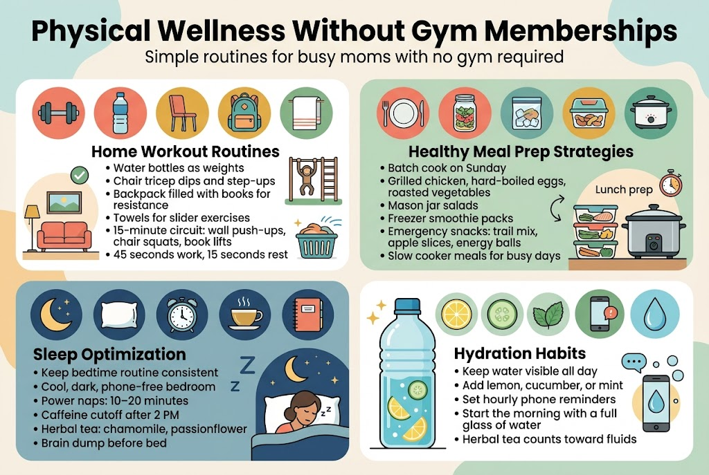 Create a clean, professional full-bleed infographic illustration in a 3:2 aspect ratio with a warm modern palette of teal, coral, mustard, soft green, white, and charcoal. Use bold sans-serif typography for the title and clear readable sans-serif body text. Layout should be wide and horizontal, not a narrow poster, with four large rounded rectangular sections arranged in a 2x2 grid across the page and a strong title bar at the top.

Top header across the full width:
Bold title text: "Physical Wellness Without Gym Memberships"
Smaller subtitle text: "Simple routines for busy moms with no gym required"

Section 1 on the upper left, with a dumbbell, water bottle, chair, backpack, and towel icons:
Section heading: "Home Workout Routines"
Include short bullet points:
"• Water bottles as weights"
"• Chair tricep dips and step-ups"
"• Backpack filled with books for resistance"
"• Towels for slider exercises"
"• 15-minute circuit: wall push-ups, chair squats, book lifts"
"• 45 seconds work, 15 seconds rest"
Add small visual icons of a living room, playground monkey bars, and laundry basket with movement lines.

Section 2 on the upper right, with a plate, mason jar, freezer bag, snack container, and slow cooker icons:
Section heading: "Healthy Meal Prep Strategies"
Include short bullet points:
"• Batch cook on Sunday"
"• Grilled chicken, hard-boiled eggs, roasted vegetables"
"• Mason jar salads"
"• Freezer smoothie packs"
"• Emergency snacks: trail mix, apple slices, energy balls"
"• Slow cooker meals for busy days"
Show a lunch prep scene with stacked meal containers and a slow cooker.

Section 3 on the lower left, with a moon, pillow, bedside clock, tea cup, and notebook icons:
Section heading: "Sleep Optimization"
Include short bullet points:
"• Keep bedtime routine consistent"
"• Cool, dark, phone-free bedroom"
"• Power naps: 10–20 minutes"
"• Caffeine cutoff after 2 PM"
"• Herbal tea: chamomile, passionflower"
"• Brain dump before bed"
Use calming dark blue accents and a sleepy bedtime scene.

Section 4 on the lower right, with a large water bottle, lemon slice, cucumber slice, mint leaf, phone reminder, and water droplet icons:
Section heading: "Hydration Habits"
Include short bullet points:
"• Keep water visible all day"
"• Add lemon, cucumber, or mint"
"• Set hourly phone reminders"
"• Start the morning with a full glass of water"
"• Herbal tea counts toward fluids"
Show a bright refreshing water bottle with flavor slices and reminder bubbles.

Add small supportive visual symbols throughout: checkmarks, timers, sparkles, and simple arrows. Use consistent icon style, neat alignment, high contrast, and generous spacing. Avoid clutter. Keep all text sharp and legible. No frame, no border, full-bleed background with subtle soft shapes behind the sections.
