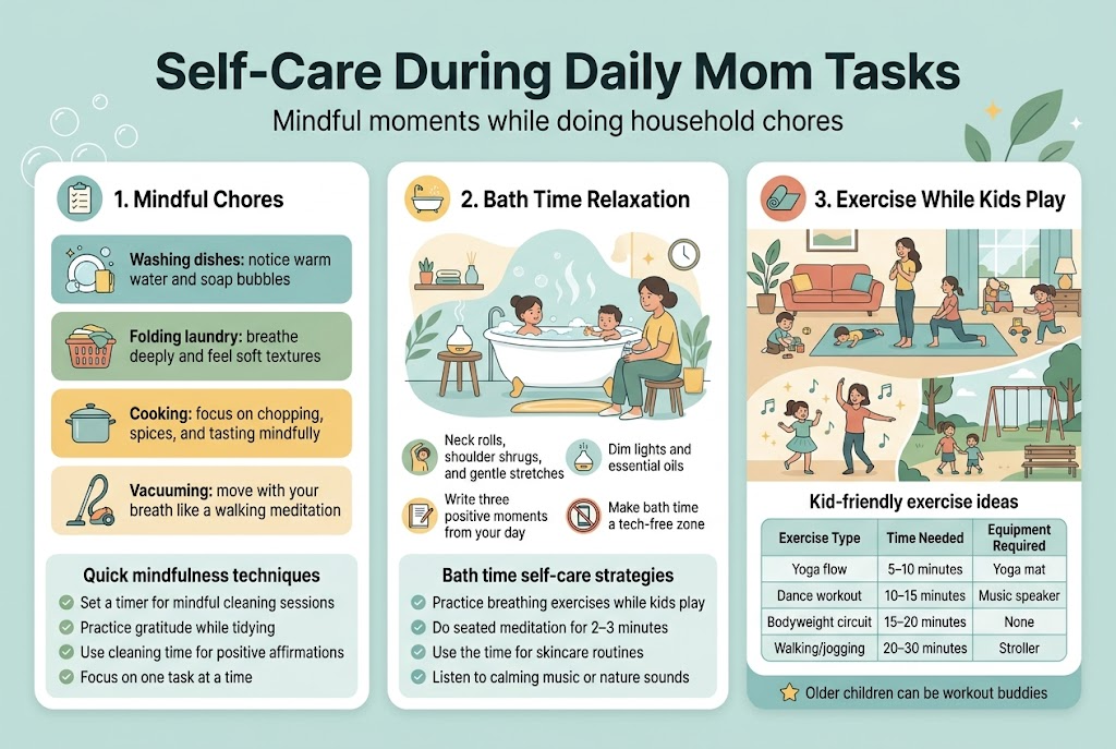 Create a clean, professional infographic illustration in a 3:2 aspect ratio, full-bleed layout with no frame or border, using a wide horizontal composition with three main sections across the page. Use a soft calming palette of teal, sage green, warm yellow, light cream, and muted coral, with dark charcoal text. Use modern sans-serif typography: bold large title, medium section headers, smaller readable body text. Include simple flat vector icons, soft shadows, and rounded cards.

TOP HEADER ACROSS FULL WIDTH:
Large bold title centered at top: "Self-Care During Daily Mom Tasks"
Smaller subtitle directly underneath: "Mindful moments while doing household chores"

LEFT SECTION:
A large rounded card titled "1. Mindful Chores" with a checklist icon.
Inside the card, use four stacked mini-blocks with icons:
- Dishwashing icon next to text: "Washing dishes: notice warm water and soap bubbles"
- Laundry basket icon next to text: "Folding laundry: breathe deeply and feel soft textures"
- Cooking pot icon next to text: "Cooking: focus on chopping, spices, and tasting mindfully"
- Vacuum icon next to text: "Vacuuming: move with your breath like a walking meditation"
At the bottom of this card, add a small subheading: "Quick mindfulness techniques"
with four bullet points and small check icons:
- "Set a timer for mindful cleaning sessions"
- "Practice gratitude while tidying"
- "Use cleaning time for positive affirmations"
- "Focus on one task at a time"

CENTER SECTION:
A large rounded card titled "2. Bath Time Relaxation" with a bath tub icon.
Show a mom sitting nearby while supervising kids in the bath, with calming steam, diffuser, and soft light.
Add four short bullet points with icons:
- Stretching icon next to text: "Neck rolls, shoulder shrugs, and gentle stretches"
- Diffuser icon next to text: "Dim lights and essential oils"
- Journal icon next to text: "Write three positive moments from your day"
- No phone icon next to text: "Make bath time a tech-free zone"
At the bottom of this card, add a small subheading: "Bath time self-care strategies"
with four bullet points:
- "Practice breathing exercises while kids play"
- "Do seated meditation for 2–3 minutes"
- "Use the time for skincare routines"
- "Listen to calming music or nature sounds"

RIGHT SECTION:
A large rounded card titled "3. Exercise While Kids Play" with a yoga mat icon.
Show a living room workout scene and playground scene combined in a split illustration:
- Yoga mat with squats, lunges, push-ups, and planks
- Children playing nearby with toys
- Dance party scene with music notes
- Park/playground scene with swings and bench
Add a simple table-style box labeled "Kid-friendly exercise ideas" with three columns and four rows:
Header row text: "Exercise Type | Time Needed | Equipment Required"
Rows:
- "Yoga flow | 5–10 minutes | Yoga mat"
- "Dance workout | 10–15 minutes | Music speaker"
- "Bodyweight circuit | 15–20 minutes | None"
- "Walking/jogging | 20–30 minutes | Stroller"
At the bottom, include a small callout with a star icon:
"Older children can be workout buddies"

VISUAL STYLE:
Use clear section dividers, balanced spacing, and strong hierarchy. Keep text crisp and legible. Use friendly illustrated mom-and-kids characters, household items, and wellness symbols. Add subtle decorative elements like bubbles, leaves, music notes, sparkles, and soft motion lines. Avoid clutter. Make the infographic feel uplifting, practical, and peaceful.