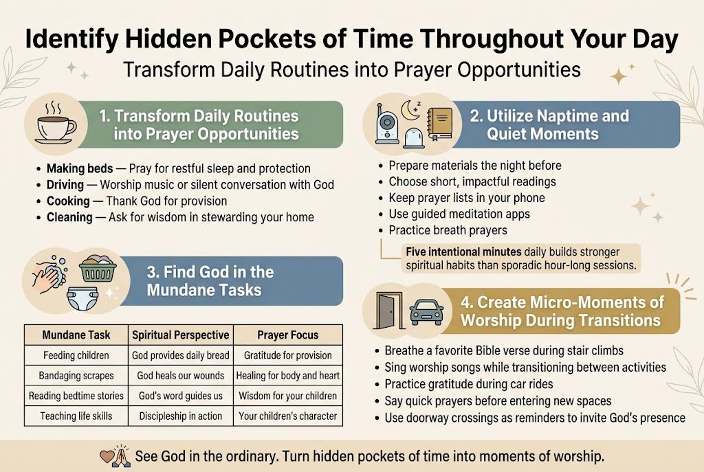 Create a clean, professional full-bleed infographic in aspect ratio 3:2 with a warm calming palette of soft cream, sage green, dusty blue, and muted gold, using modern sans-serif fonts with bold headings and clear hierarchy. Place a large bold title across the top: “Identify Hidden Pockets of Time Throughout Your Day”. Add a smaller subtitle beneath it: “Transform Daily Routines into Prayer Opportunities”.

Use a wide horizontal layout with 4 main content sections arranged in two rows of two blocks, each block with a distinct icon, colored header bar, and short bullets.

Top left block: a steaming coffee cup icon and heading “1. Transform Daily Routines into Prayer Opportunities”. Include short bullets:
- “Making beds — Pray for restful sleep and protection”
- “Driving — Worship music or silent conversation with God”
- “Cooking — Thank God for provision”
- “Cleaning — Ask for wisdom in stewarding your home”

Top right block: a baby monitor / moon / journal icon and heading “2. Utilize Naptime and Quiet Moments”. Include short bullets:
- “Prepare materials the night before”
- “Choose short, impactful readings”
- “Keep prayer lists in your phone”
- “Use guided meditation apps”
- “Practice breath prayers”
Add a small callout line in a highlighted box: “Five intentional minutes daily builds stronger spiritual habits than sporadic hour-long sessions.”

Bottom left block: a washing hands / laundry basket / diaper icon and heading “3. Find God in the Mundane Tasks”. Include a 3-column mini table with clear borders and headings:
“Mundane Task | Spiritual Perspective | Prayer Focus”
Rows:
“Feeding children | God provides daily bread | Gratitude for provision”
“Bandaging scrapes | God heals our wounds | Healing for body and heart”
“Reading bedtime stories | God’s word guides us | Wisdom for your children”
“Teaching life skills | Discipleship in action | Your children’s character”

Bottom right block: a doorway / car / walking feet icon and heading “4. Create Micro-Moments of Worship During Transitions”. Include short bullets:
- “Breathe a favorite Bible verse during stair climbs”
- “Sing worship songs while transitioning between activities”
- “Practice gratitude during car rides”
- “Say quick prayers before entering new spaces”
- “Use doorway crossings as reminders to invite God’s presence”

Add a small bottom banner with a heart and prayer hands icon and the closing line: “See God in the ordinary. Turn hidden pockets of time into moments of worship.”

Use subtle decorative accents like soft line art of leaves, sparkles, and gentle prayer rays. Keep text crisp, readable, evenly spaced, and aligned in balanced wide sections with no narrow vertical stack.