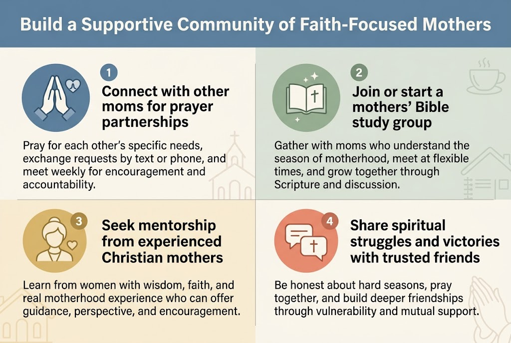3:2 aspect ratio, full-bleed clean professional infographic illustration with soft warm faith-based colors (dusty blue, sage green, cream, soft gold), modern sans-serif fonts, clear hierarchy, no inset margins, wide horizontal layout.

Top full-width header band with bold large title text centered: “Build a Supportive Community of Faith-Focused Mothers”

Below the title, arrange four large horizontal sections in a 2x2 grid across the wide canvas, each section with a distinct icon, numbered label, short heading, and supporting sentence text.

Section 1 on upper left: a blue circular icon with two hands joined and a small prayer heart. Number badge “1”. Heading text: “Connect with other moms for prayer partnerships”. Body text: “Pray for each other’s specific needs, exchange requests by text or phone, and meet weekly for encouragement and accountability.”

Section 2 on upper right: a green circular icon with an open Bible and small sparkles. Number badge “2”. Heading text: “Join or start a mothers’ Bible study group”. Body text: “Gather with moms who understand the season of motherhood, meet at flexible times, and grow together through Scripture and discussion.”

Section 3 on lower left: a gold circular icon with an older woman silhouette and a small heart. Number badge “3”. Heading text: “Seek mentorship from experienced Christian mothers”. Body text: “Learn from women with wisdom, faith, and real motherhood experience who can offer guidance, perspective, and encouragement.”

Section 4 on lower right: a coral circular icon with two chat bubbles and a small cross. Number badge “4”. Heading text: “Share spiritual struggles and victories with trusted friends”. Body text: “Be honest about hard seasons, pray together, and build deeper friendships through vulnerability and mutual support.”

Include subtle background visuals of soft church, home, coffee cup, notebook, and praying hands motifs as faint line art. Use clean iconography, balanced spacing, strong contrast, and clear section dividers. No extra text.